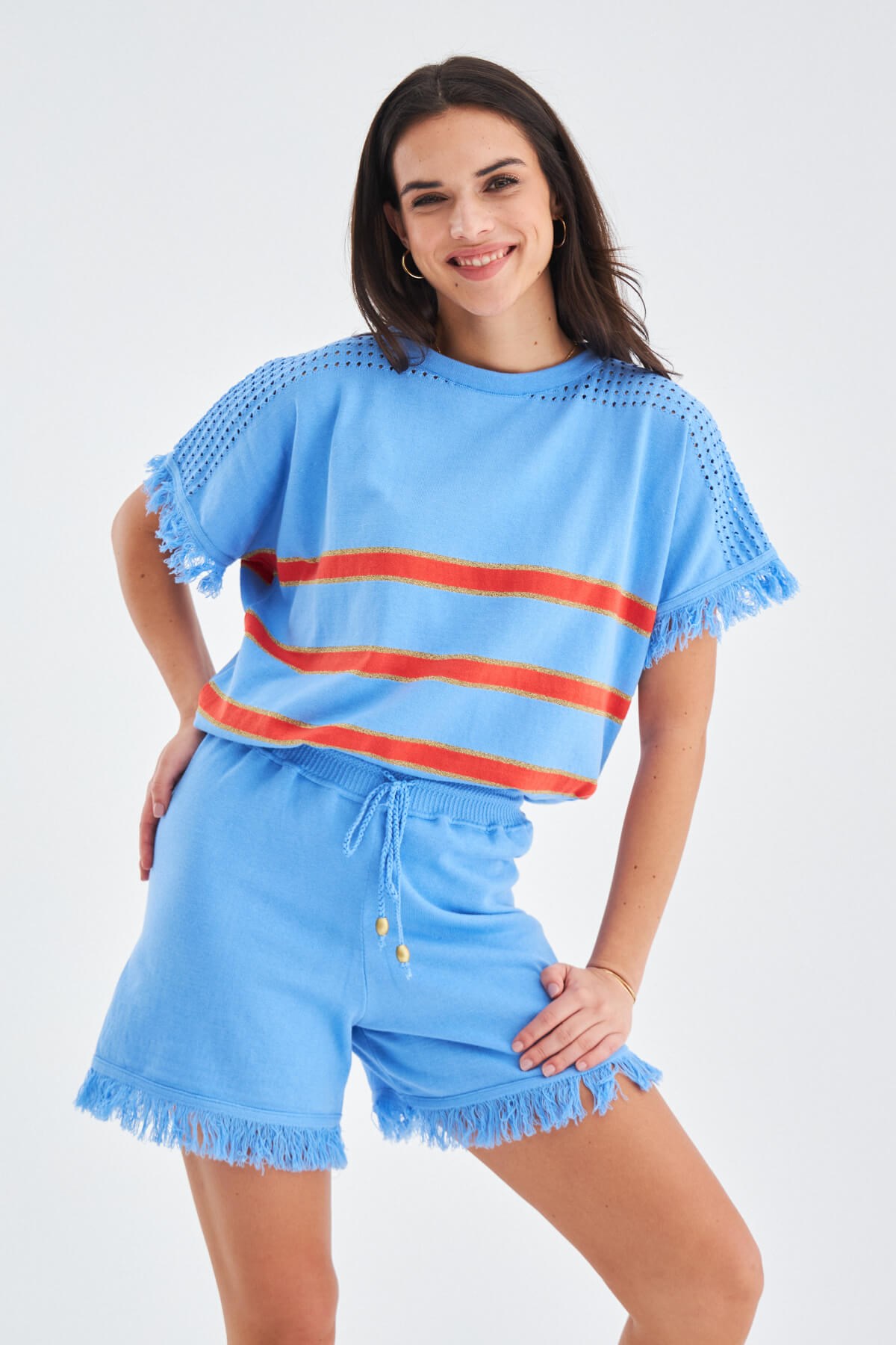 Peraluna HANNAH BLOUSE & SHORTS Pamuklu Yazlık Kadın Triko Şort Takım Mavi/Turuncu/Gold