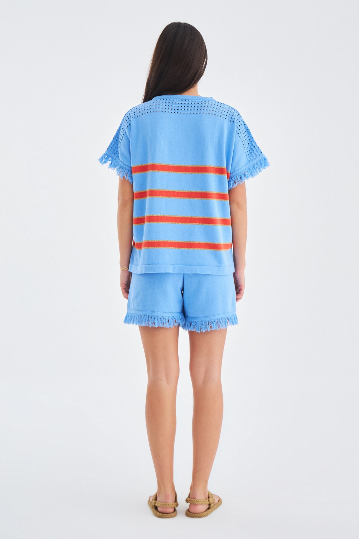 Peraluna HANNAH BLOUSE & SHORTS Pamuklu Yazlık Kadın Triko Şort Takım Mavi/Turuncu/Gold