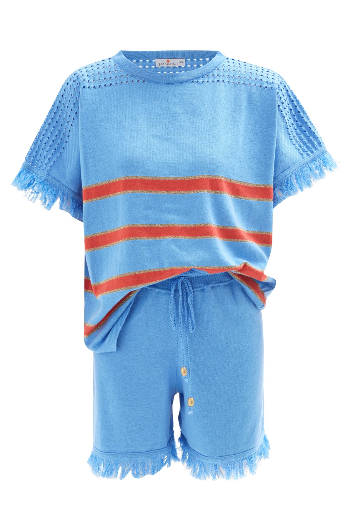 Peraluna HANNAH BLOUSE & SHORTS Pamuklu Yazlık Kadın Triko Şort Takım Mavi/Turuncu/Gold