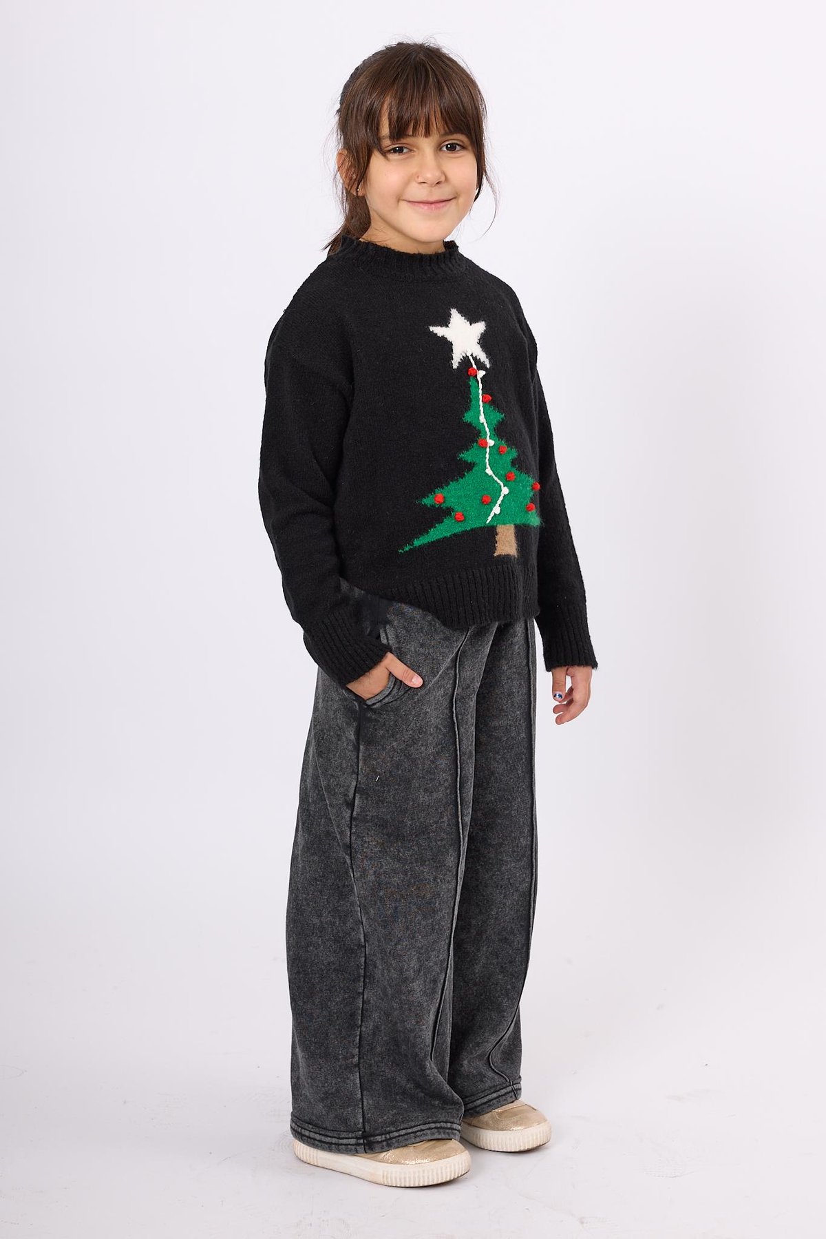 Peraluna Happy Times Çam Ağacı Desenli Çocuk Yılbaşı Kazağı - Siyah/Yeşil