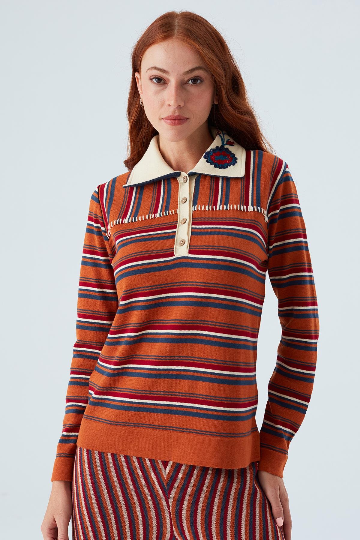 Peraluna HARPER BLOUSE Striped Embroidered Slim Women's Knitwear Blouse - Orange