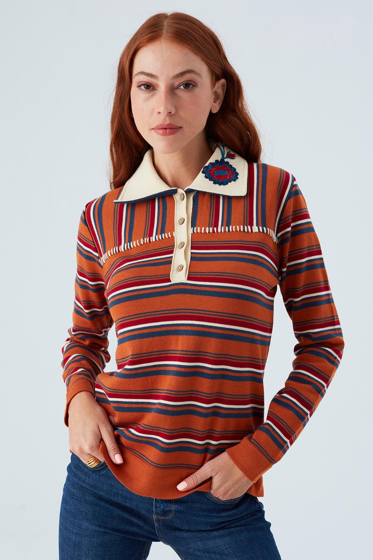 Peraluna HARPER BLOUSE Striped Embroidered Slim Women's Knitwear Blouse - Orange