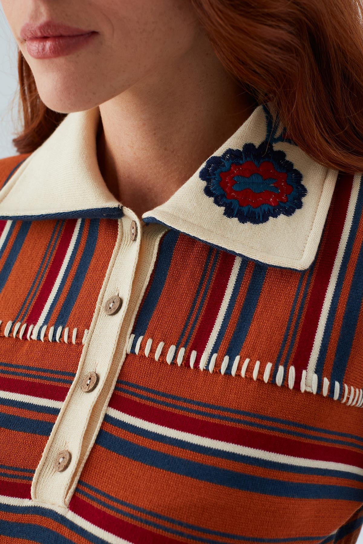 Peraluna HARPER BLOUSE Striped Embroidered Slim Women's Knitwear Blouse - Orange