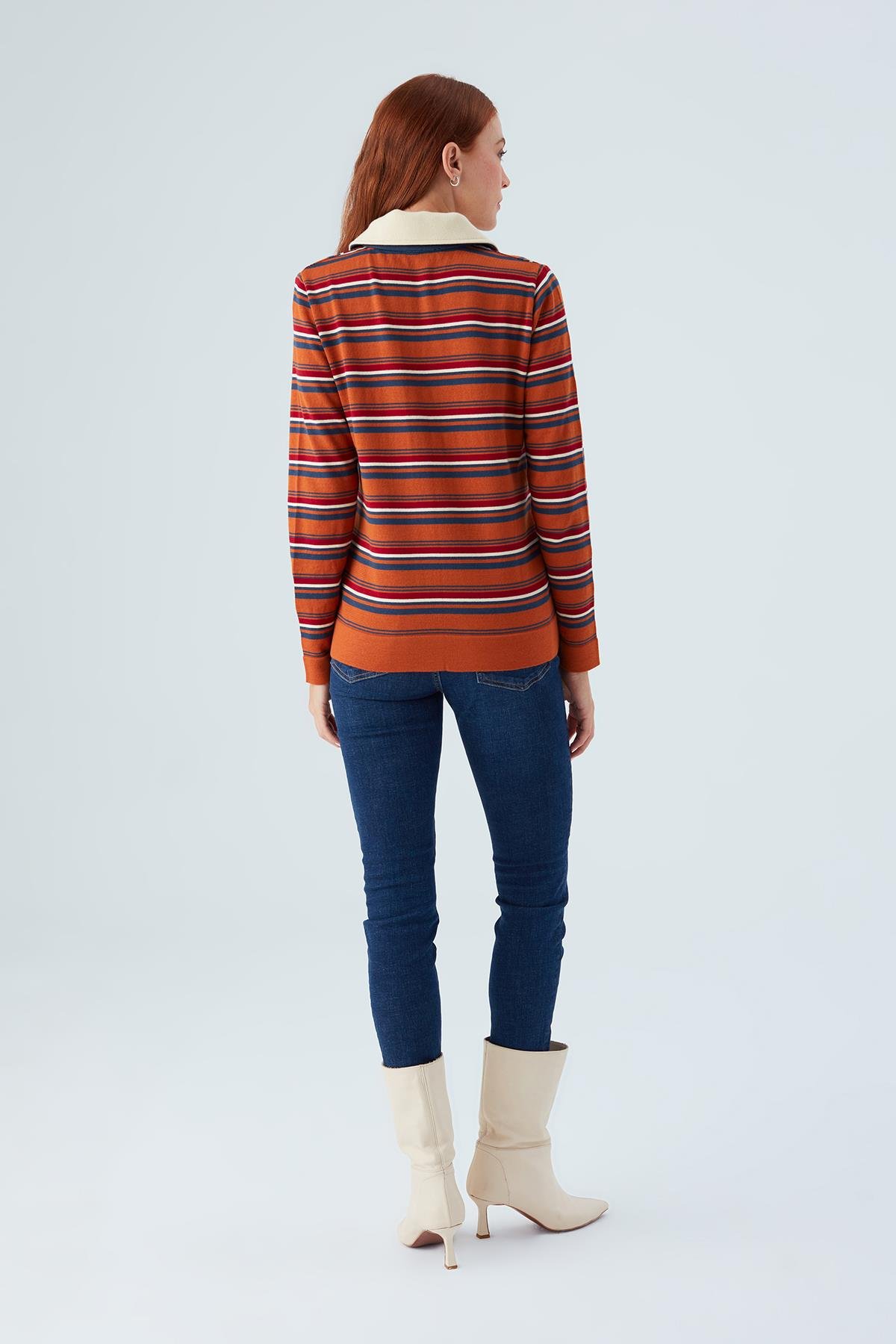 Peraluna HARPER BLOUSE Striped Embroidered Slim Women's Knitwear Blouse - Orange