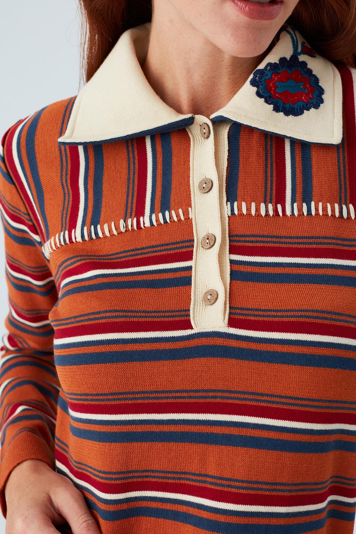 Peraluna HARPER BLOUSE Striped Embroidered Slim Women's Knitwear Blouse - Orange