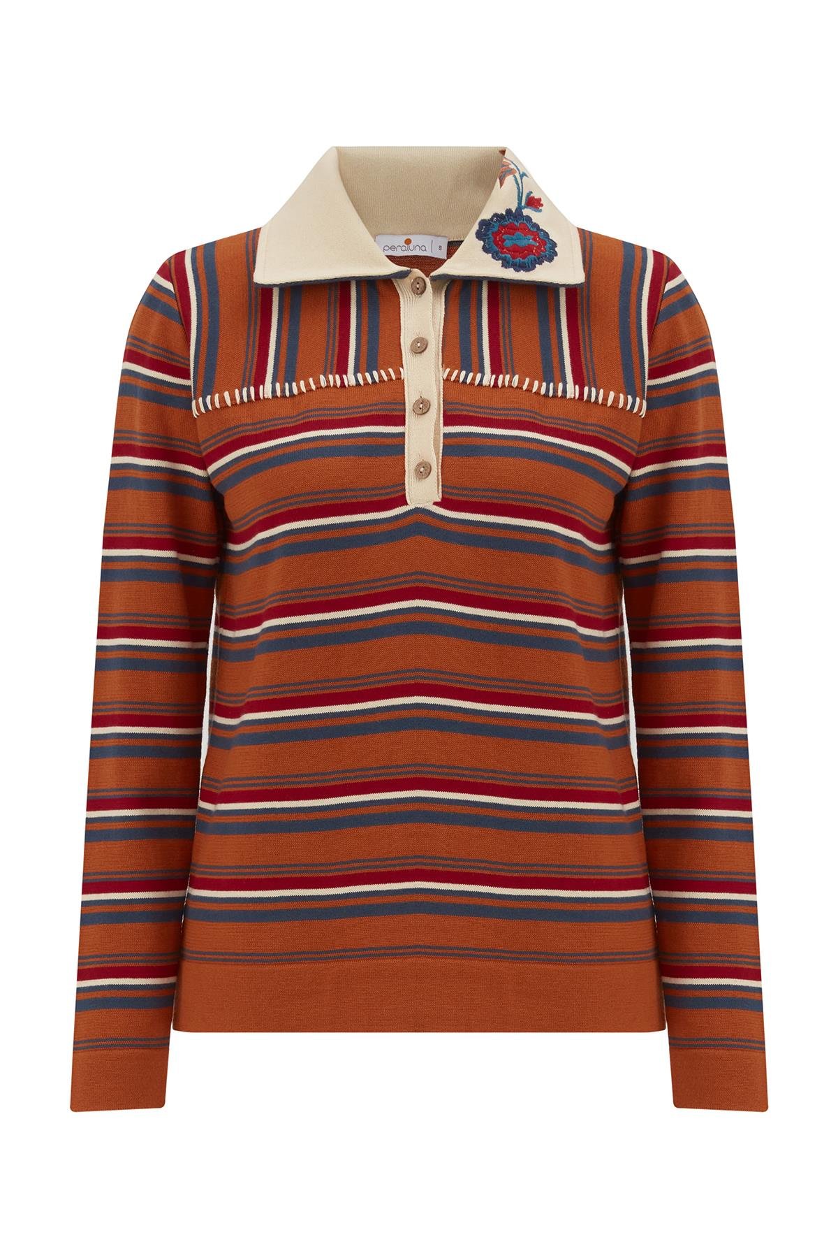 Peraluna HARPER BLOUSE Striped Embroidered Slim Women's Knitwear Blouse - Orange