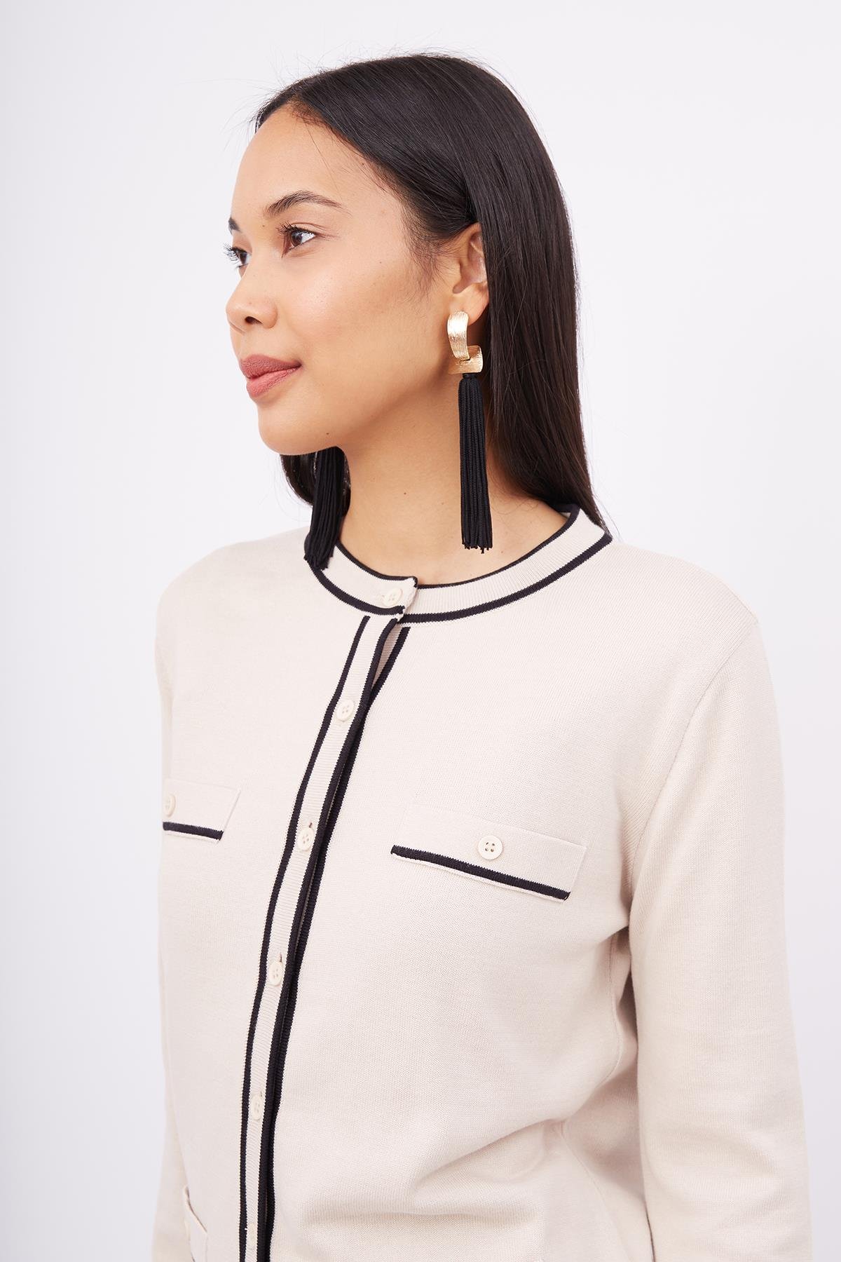 Peraluna HELEN CARDIGAN Çizgi Detaylı O Yaka Rahat Kesim İnce Kadın Triko Hırka - Bej