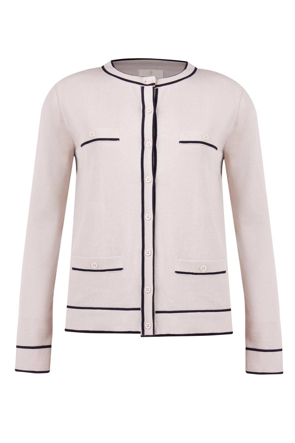 Peraluna HELEN CARDIGAN Çizgi Detaylı O Yaka Rahat Kesim İnce Kadın Triko Hırka - Bej