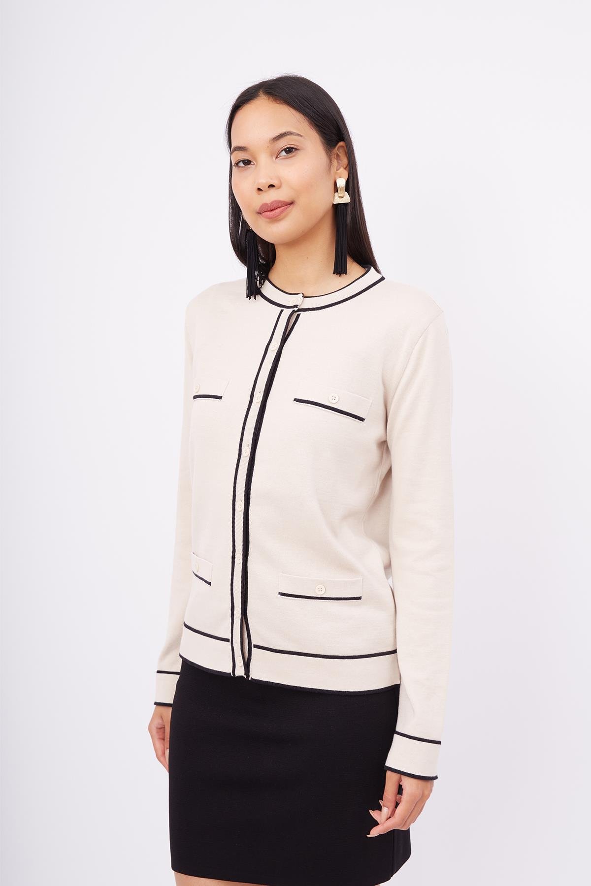 Peraluna HELEN CARDIGAN Çizgi Detaylı O Yaka Rahat Kesim İnce Kadın Triko Hırka - Bej