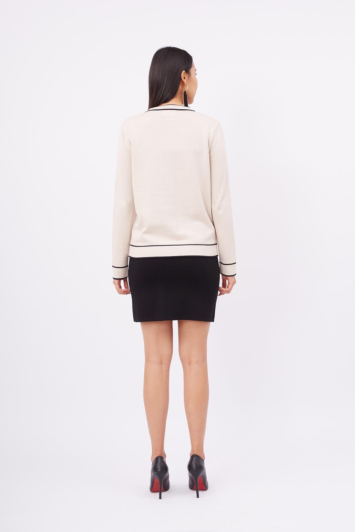 Peraluna HELEN CARDIGAN Çizgi Detaylı O Yaka Rahat Kesim İnce Kadın Triko Hırka - Bej