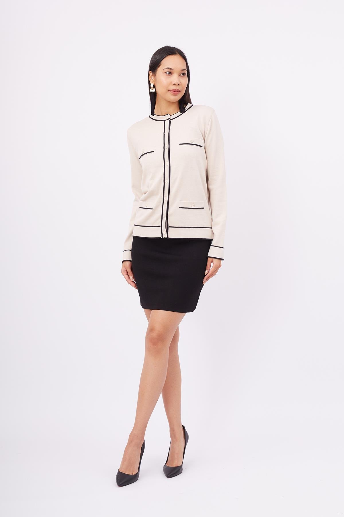 Peraluna HELEN CARDIGAN Çizgi Detaylı O Yaka Rahat Kesim İnce Kadın Triko Hırka - Bej