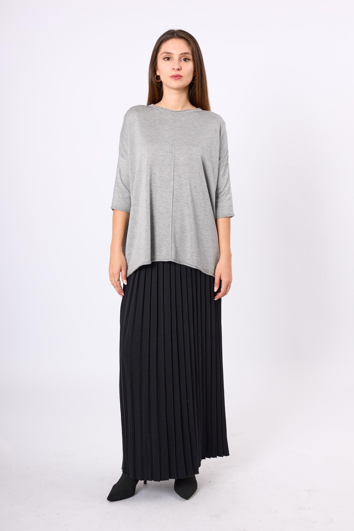 Peraluna Helion Bol Kesim Kadin Triko Kazak - Gri Melanj