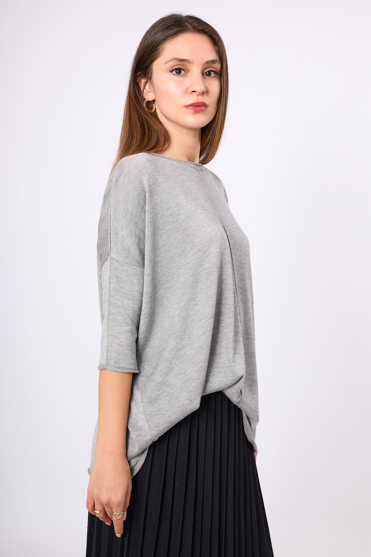 Peraluna Helion Bol Kesim Kadin Triko Kazak - Gri Melanj