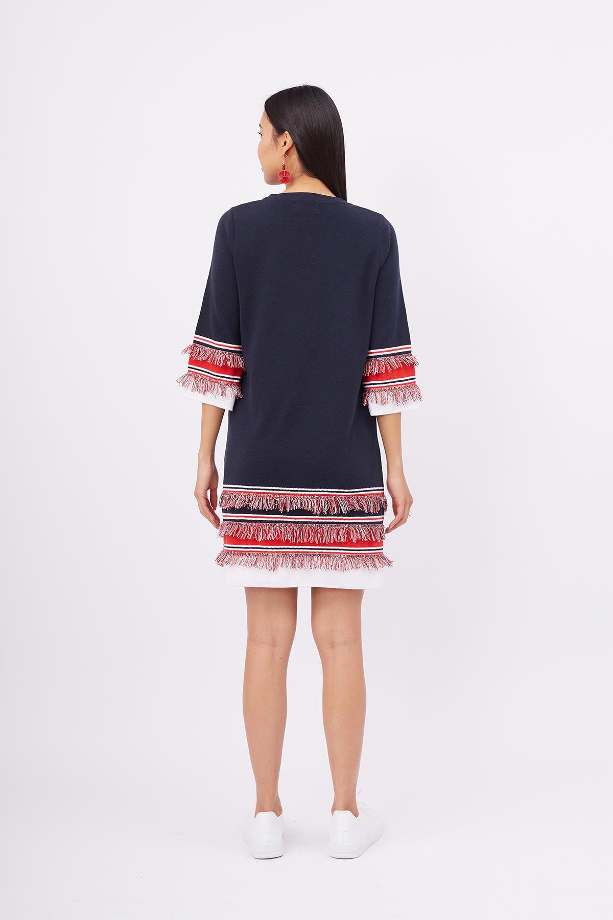 Peraluna HILDA DRESS Püskül Detaylı A Form 3/4 Kol Rahat Kadın Triko Elbise - Lacivert