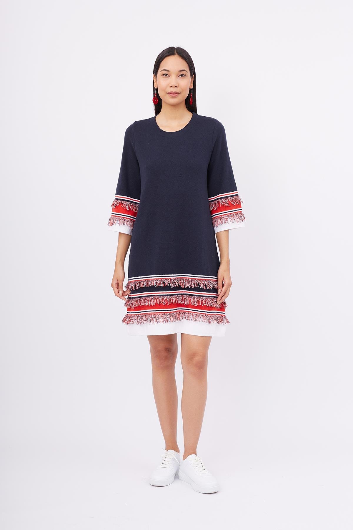 Peraluna HILDA DRESS Püskül Detaylı A Form 3/4 Kol Rahat Kadın Triko Elbise - Lacivert