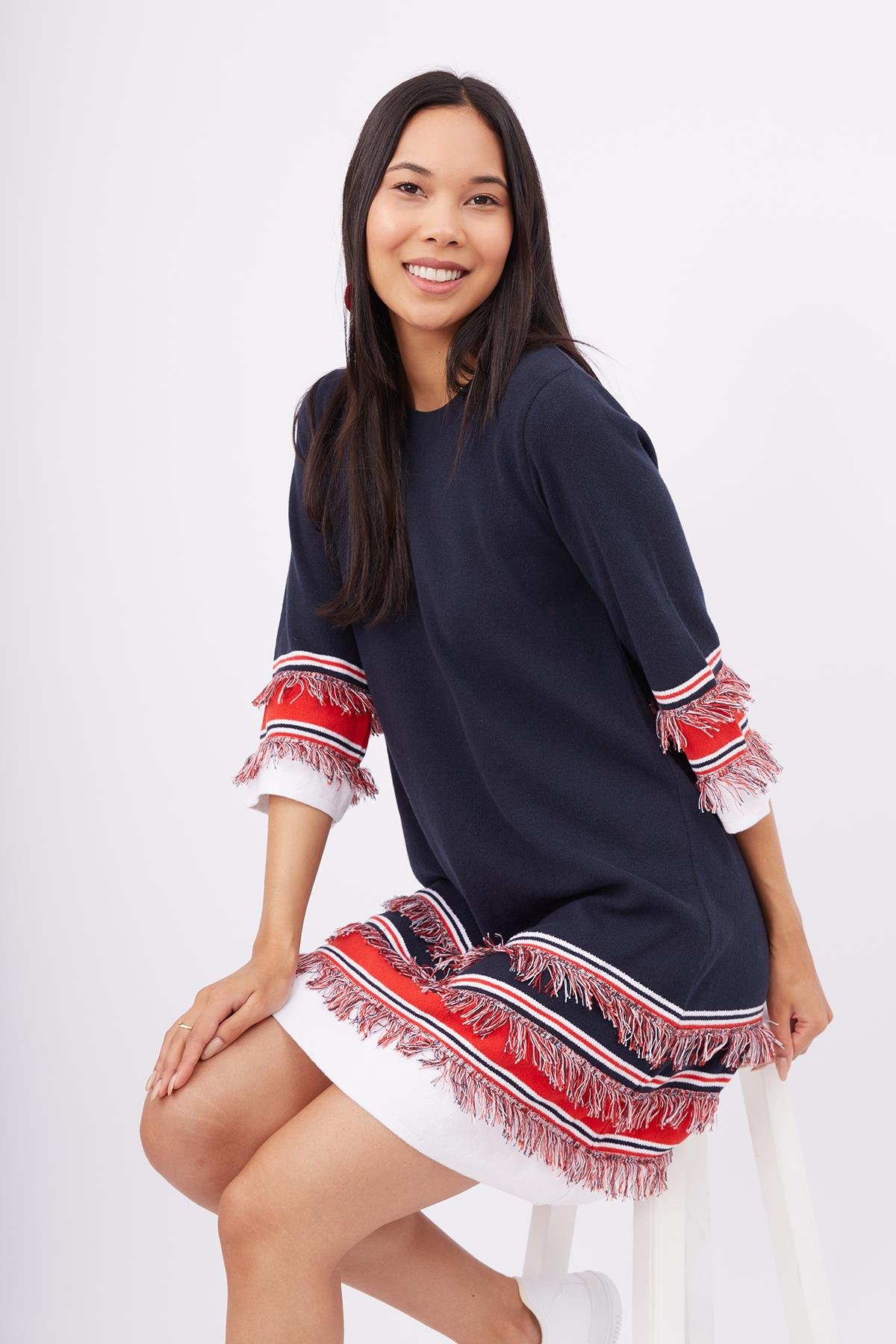 Peraluna HILDA DRESS Püskül Detaylı A Form 3/4 Kol Rahat Kadın Triko Elbise - Lacivert