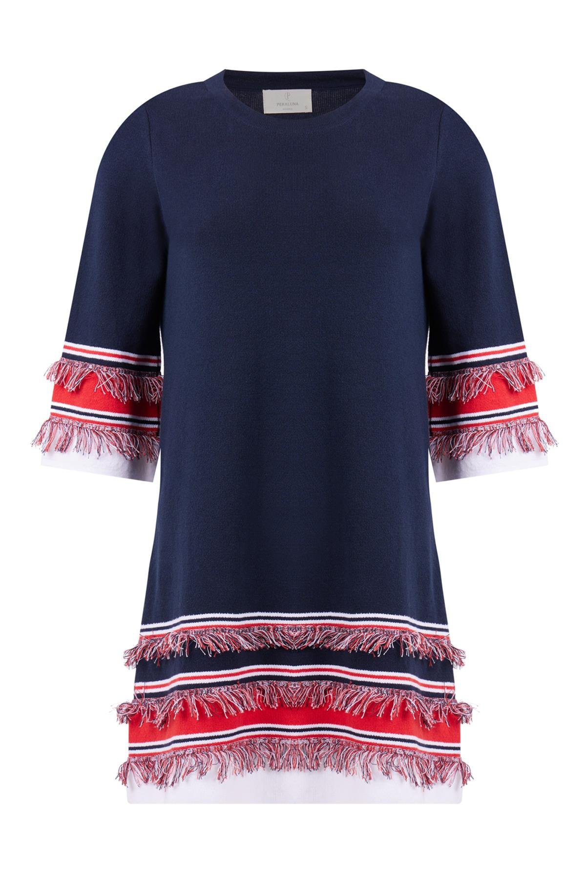 Peraluna HILDA DRESS Püskül Detaylı A Form 3/4 Kol Rahat Kadın Triko Elbise - Lacivert