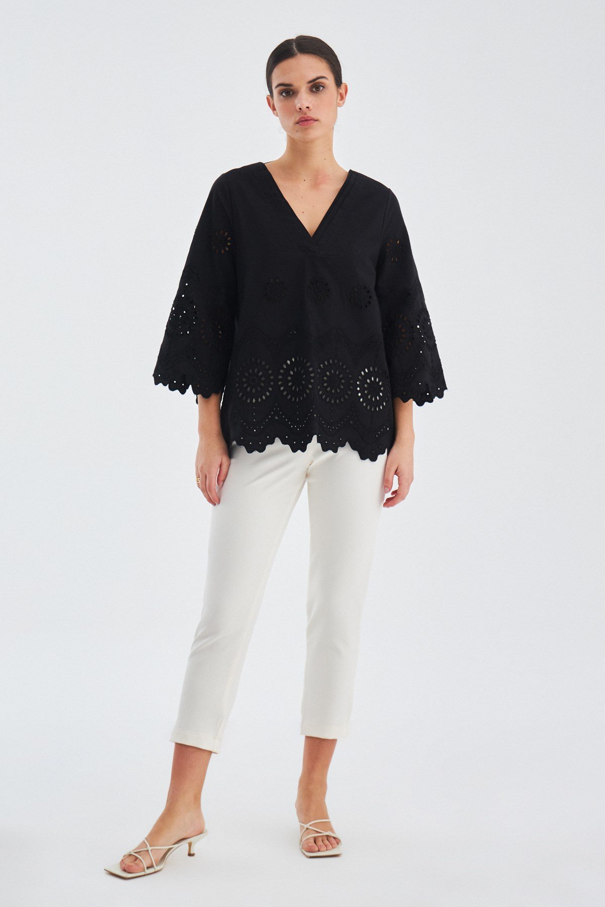 Peraluna HIROMI 100% Cotton V-neck 3/4 Bell Sleeve Women's Summer Blouse - Black