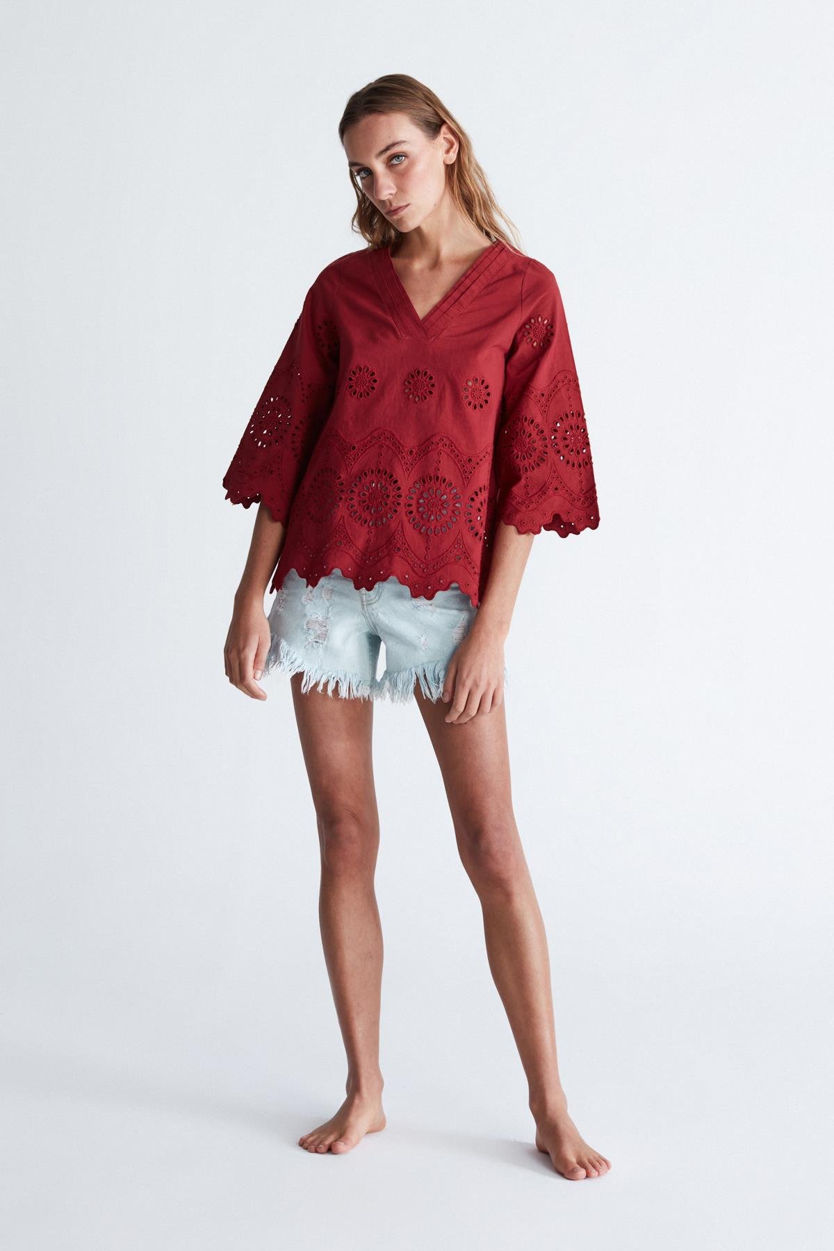 Peraluna HİROMİ BLOUSE %100 Pamuk V Yaka 3/4 Çan Kol Yazlık Kadın Bluz Magenta