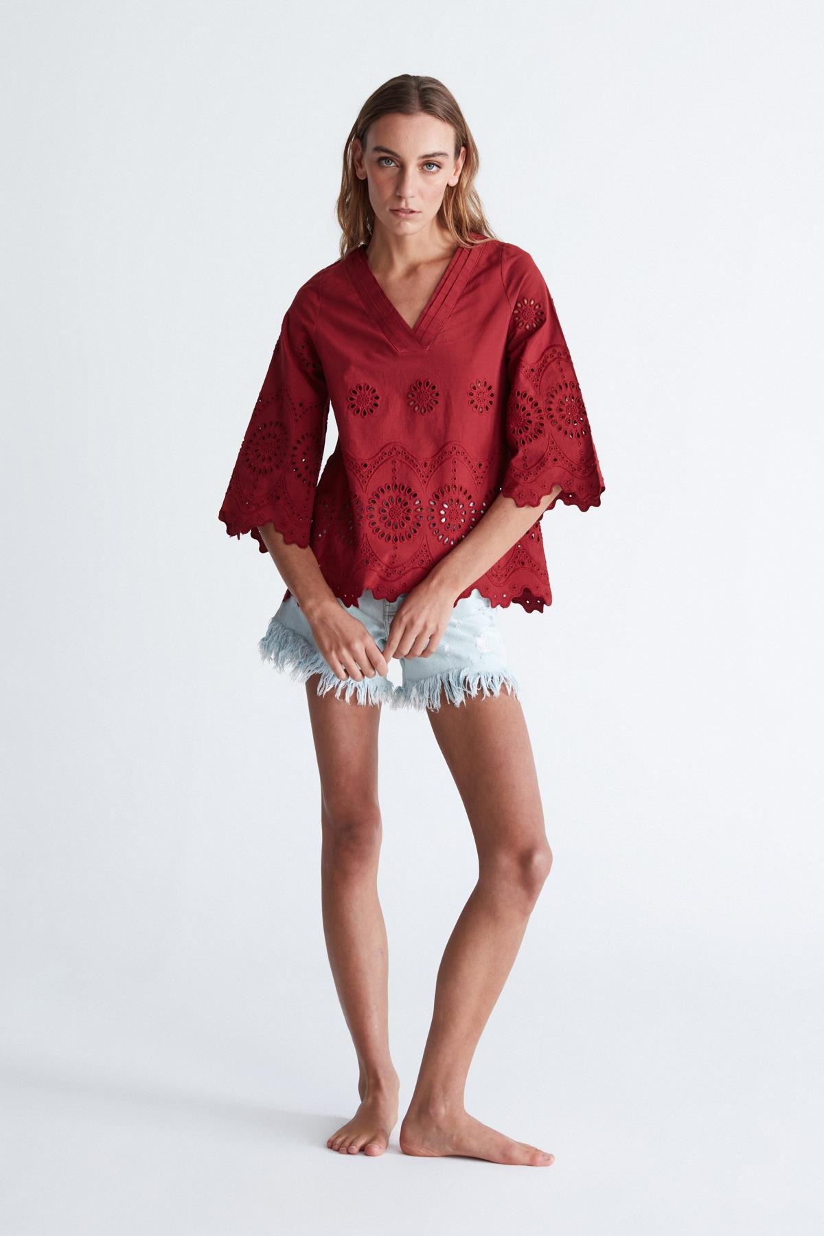 Peraluna HİROMİ BLOUSE %100 Pamuk V Yaka 3/4 Çan Kol Yazlık Kadın Bluz Magenta