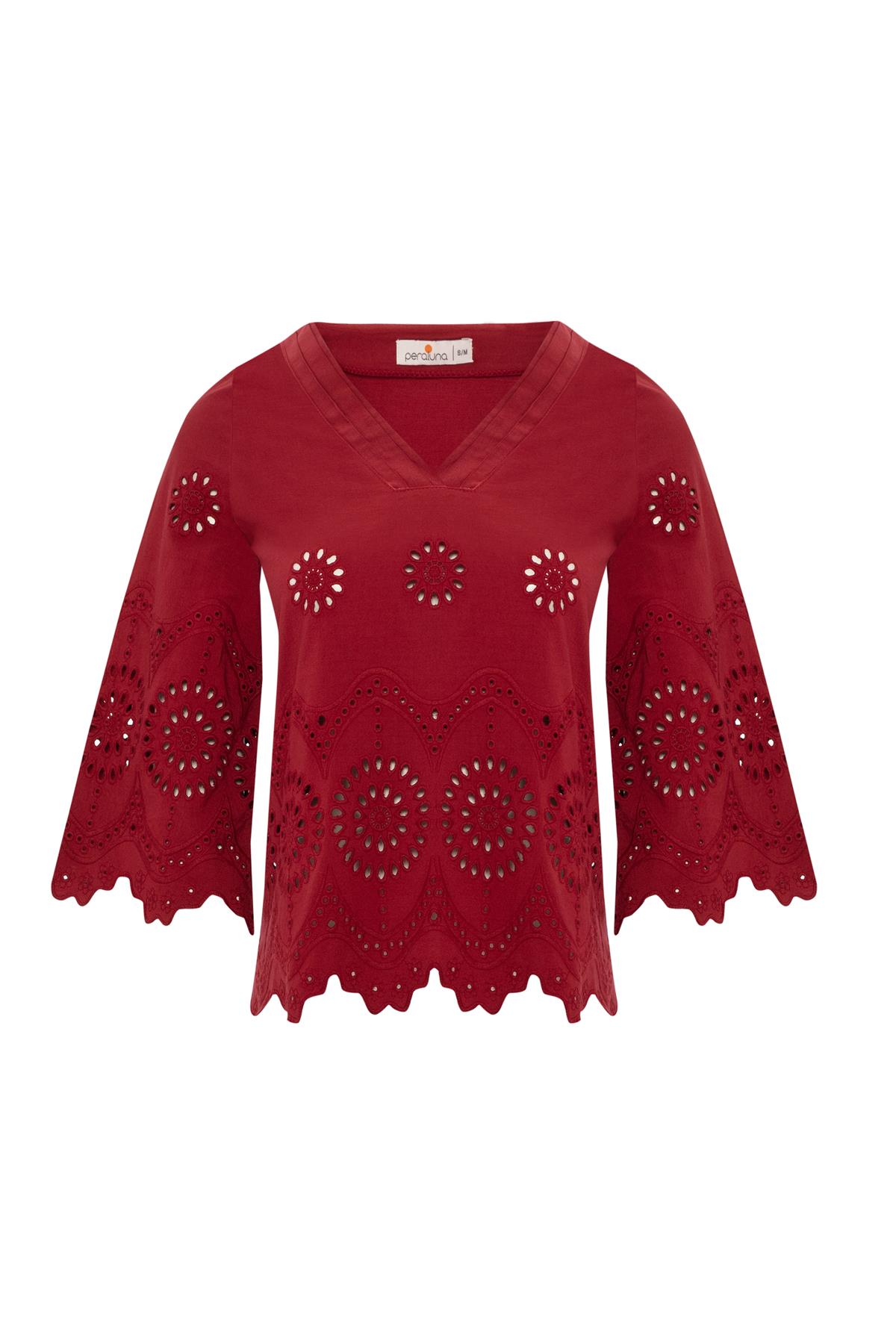 Peraluna HİROMİ BLOUSE %100 Pamuk V Yaka 3/4 Çan Kol Yazlık Kadın Bluz Magenta