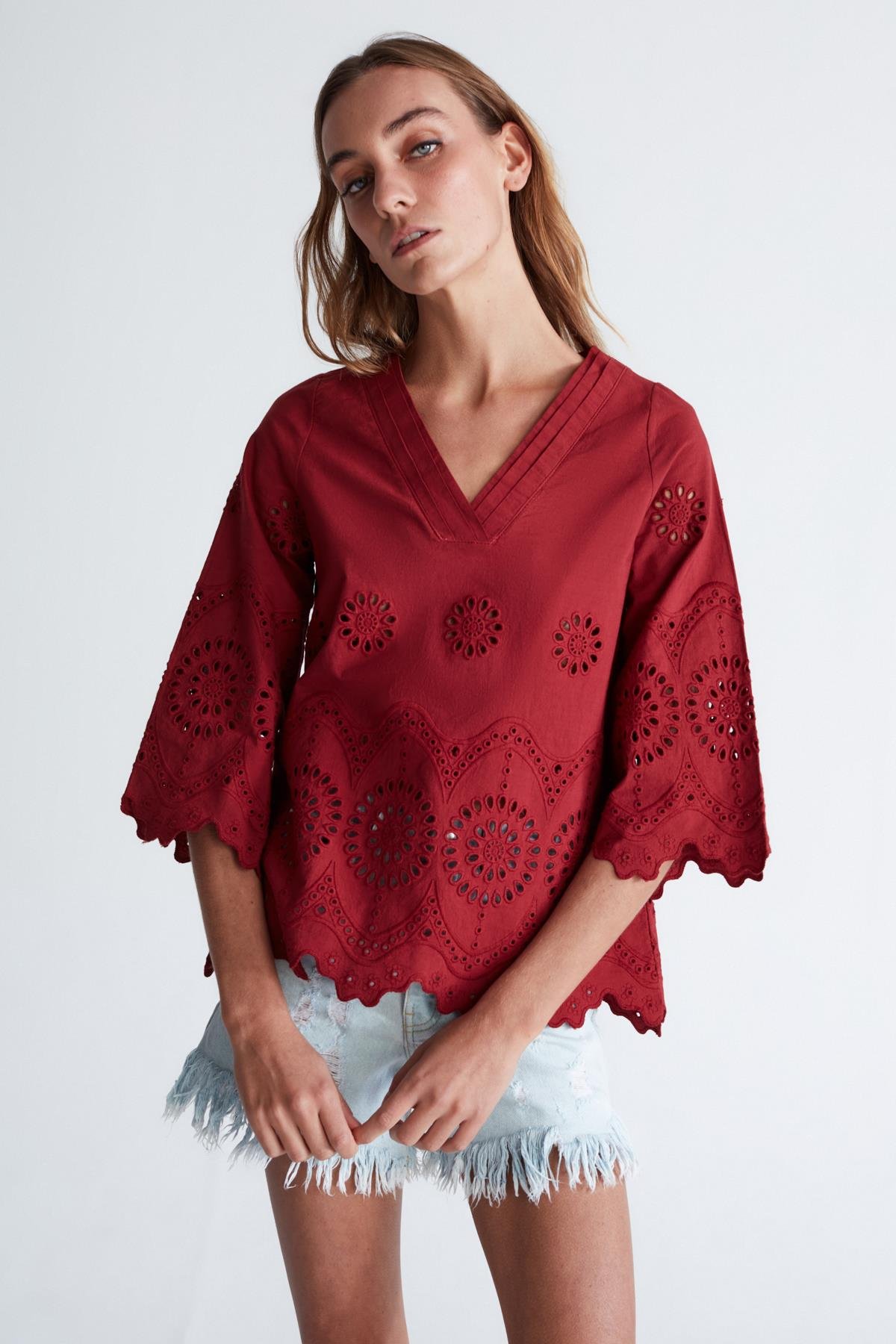 Peraluna HİROMİ BLOUSE %100 Pamuk V Yaka 3/4 Çan Kol Yazlık Kadın Bluz Magenta