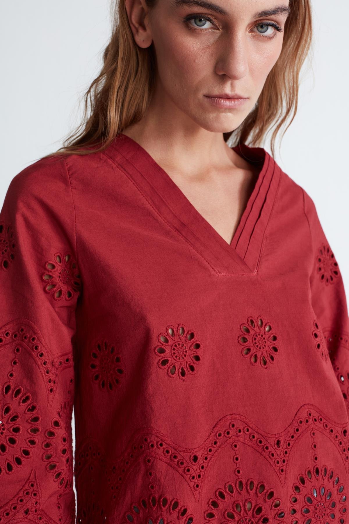 Peraluna HİROMİ BLOUSE %100 Pamuk V Yaka 3/4 Çan Kol Yazlık Kadın Bluz Magenta