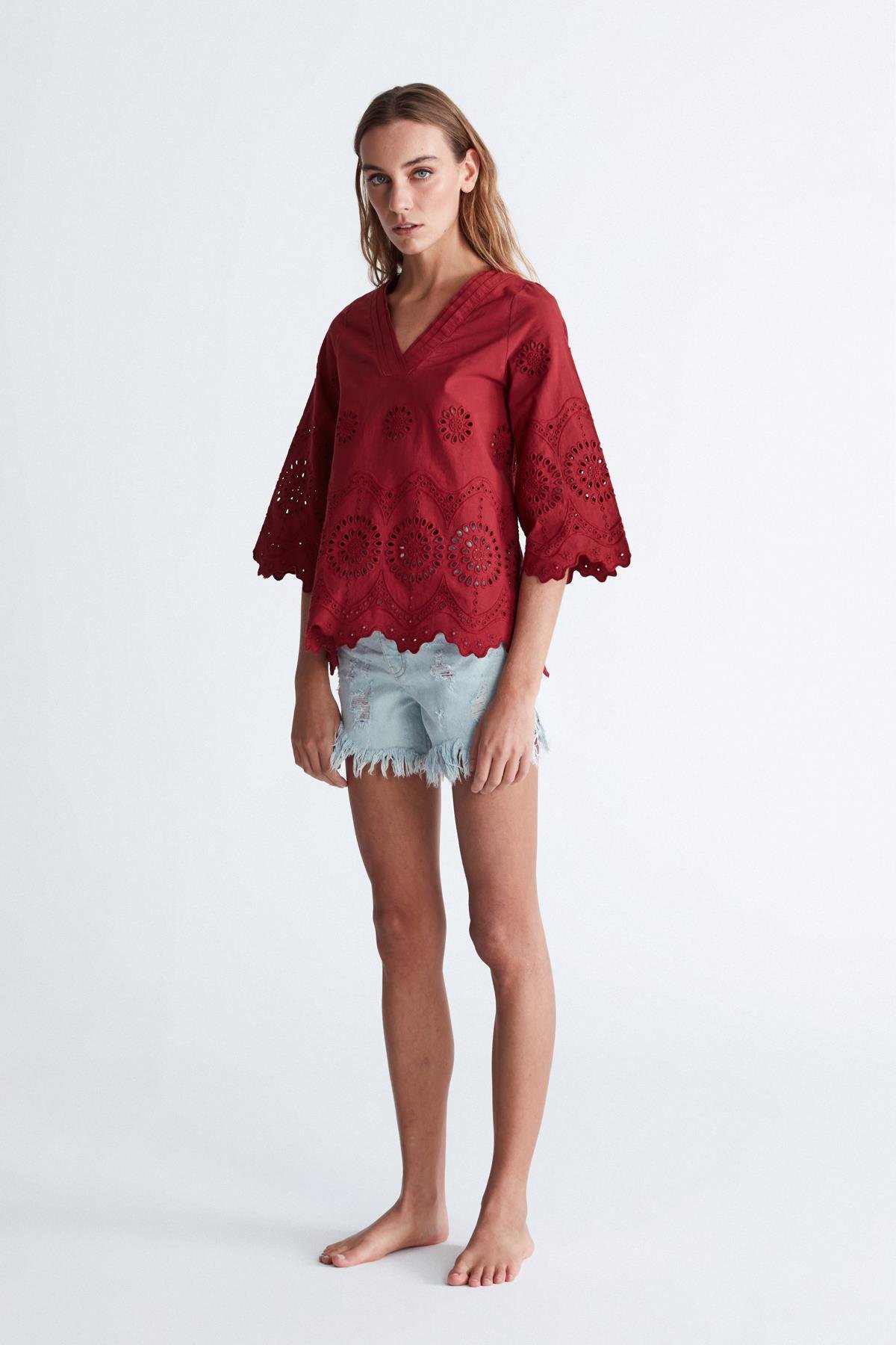 Peraluna HİROMİ BLOUSE %100 Pamuk V Yaka 3/4 Çan Kol Yazlık Kadın Bluz Magenta