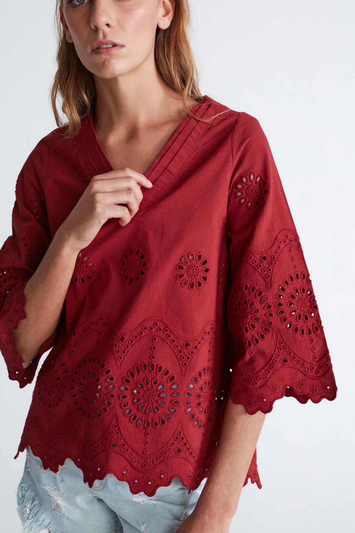 Peraluna HİROMİ BLOUSE %100 Pamuk V Yaka 3/4 Çan Kol Yazlık Kadın Bluz Magenta