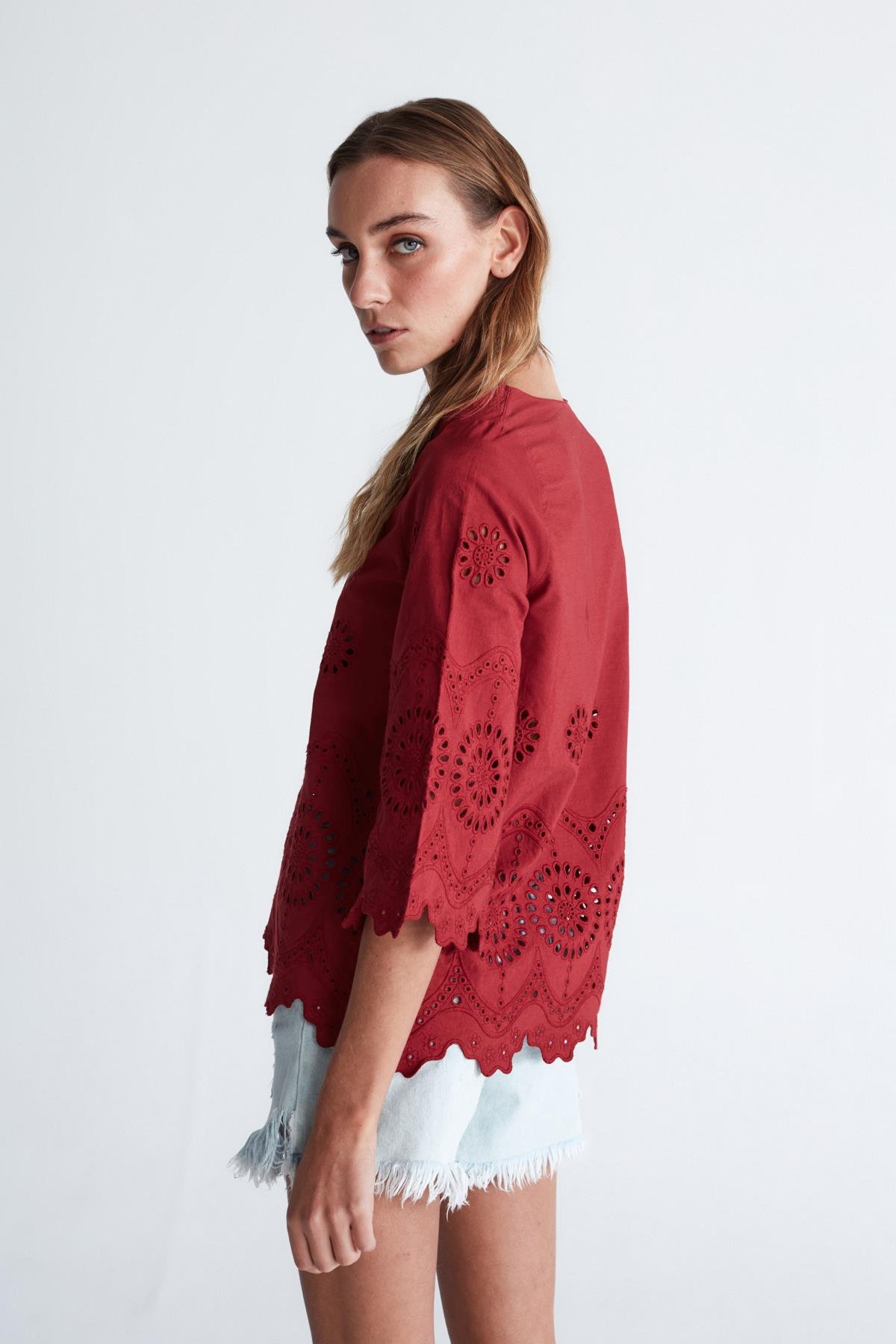 Peraluna HİROMİ BLOUSE %100 Pamuk V Yaka 3/4 Çan Kol Yazlık Kadın Bluz Magenta