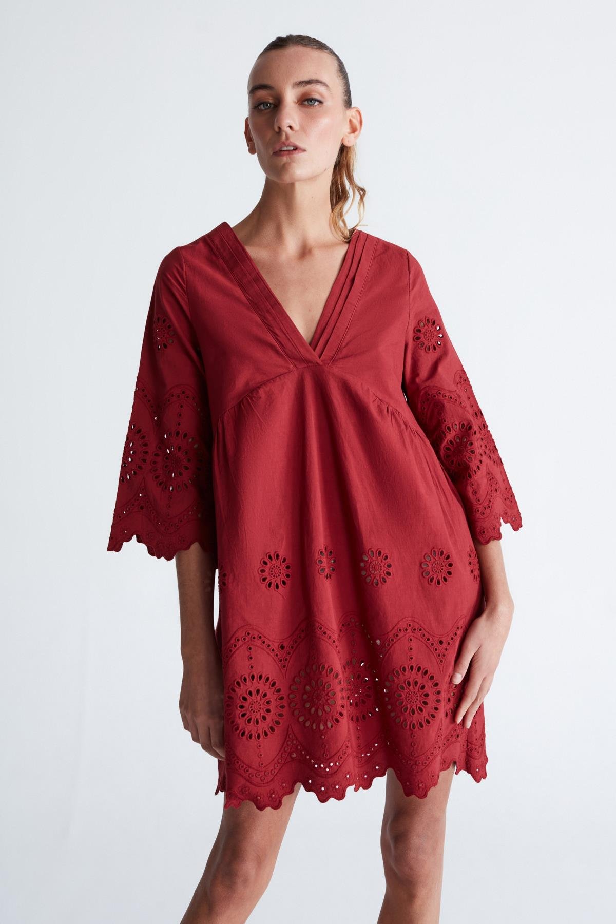 Peraluna HİROMİ DRESS %100 Pamuk 3/4 Kol Diz Hizası Yazlık Kadın Elbise Magenta