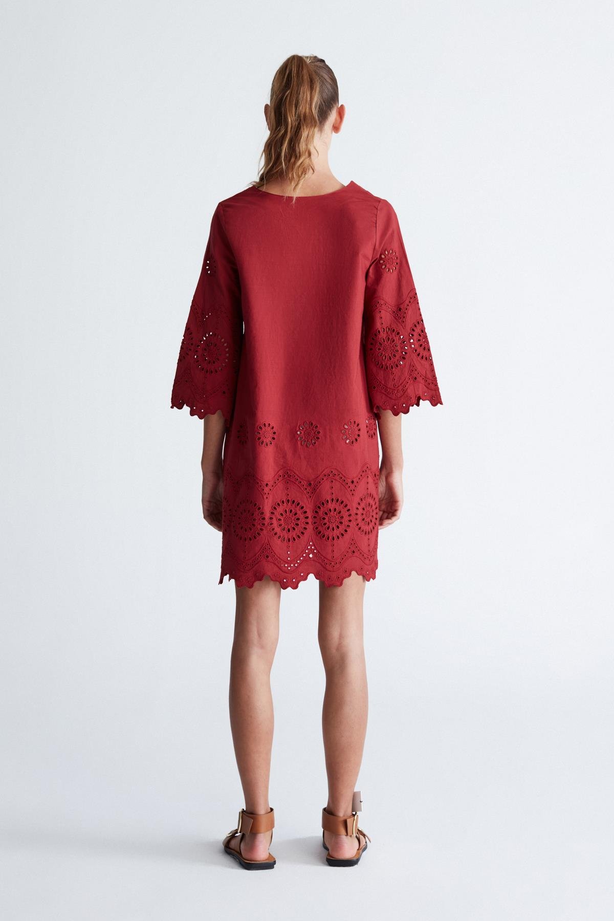 Peraluna HİROMİ DRESS %100 Pamuk 3/4 Kol Diz Hizası Yazlık Kadın Elbise Magenta