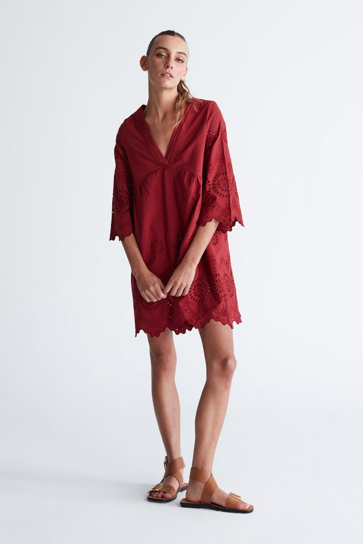 Peraluna HİROMİ DRESS %100 Pamuk 3/4 Kol Diz Hizası Yazlık Kadın Elbise Magenta