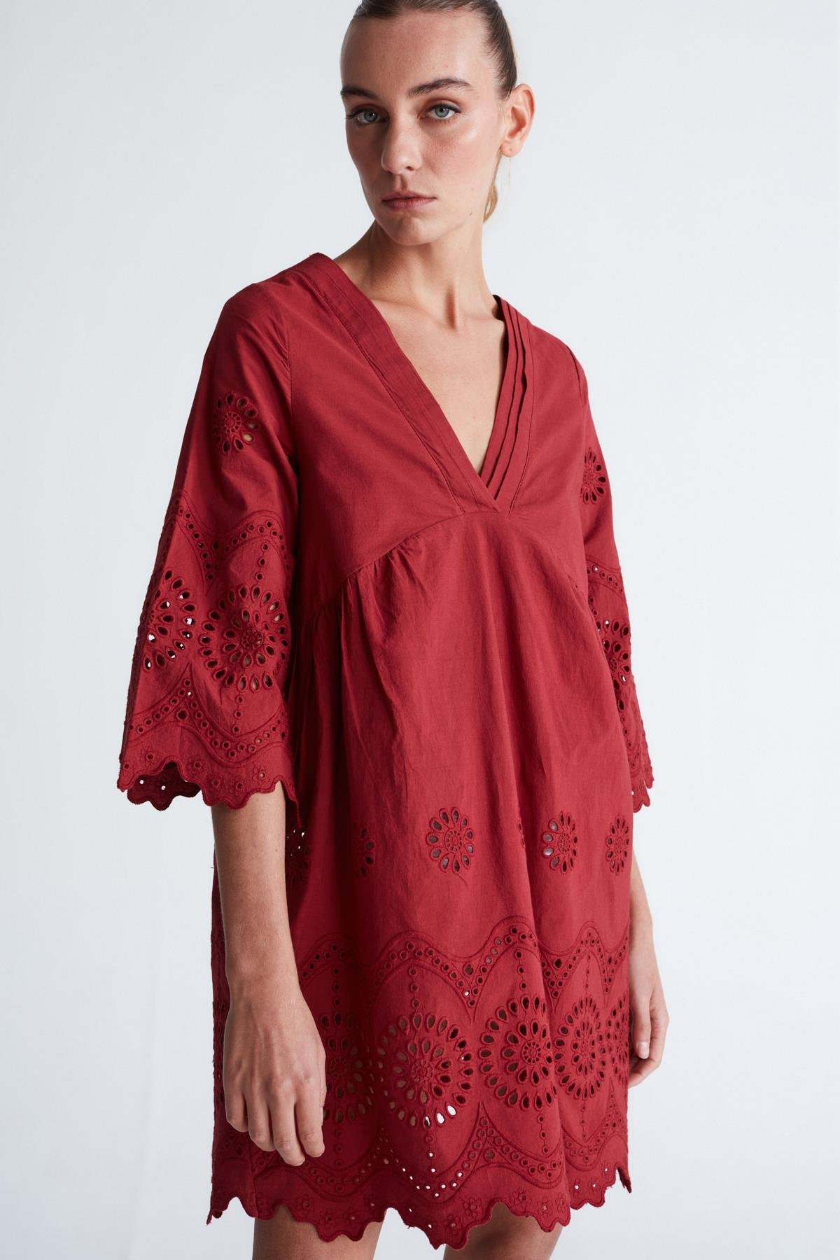 Peraluna HİROMİ DRESS %100 Pamuk 3/4 Kol Diz Hizası Yazlık Kadın Elbise Magenta