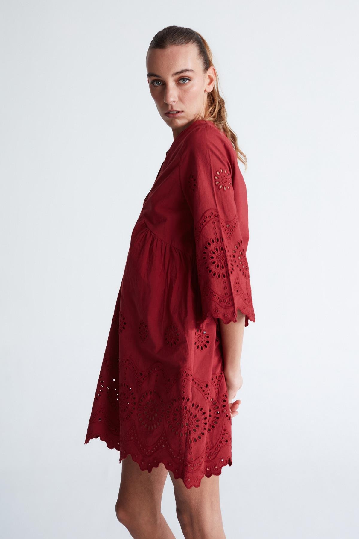 Peraluna HİROMİ DRESS %100 Pamuk 3/4 Kol Diz Hizası Yazlık Kadın Elbise Magenta