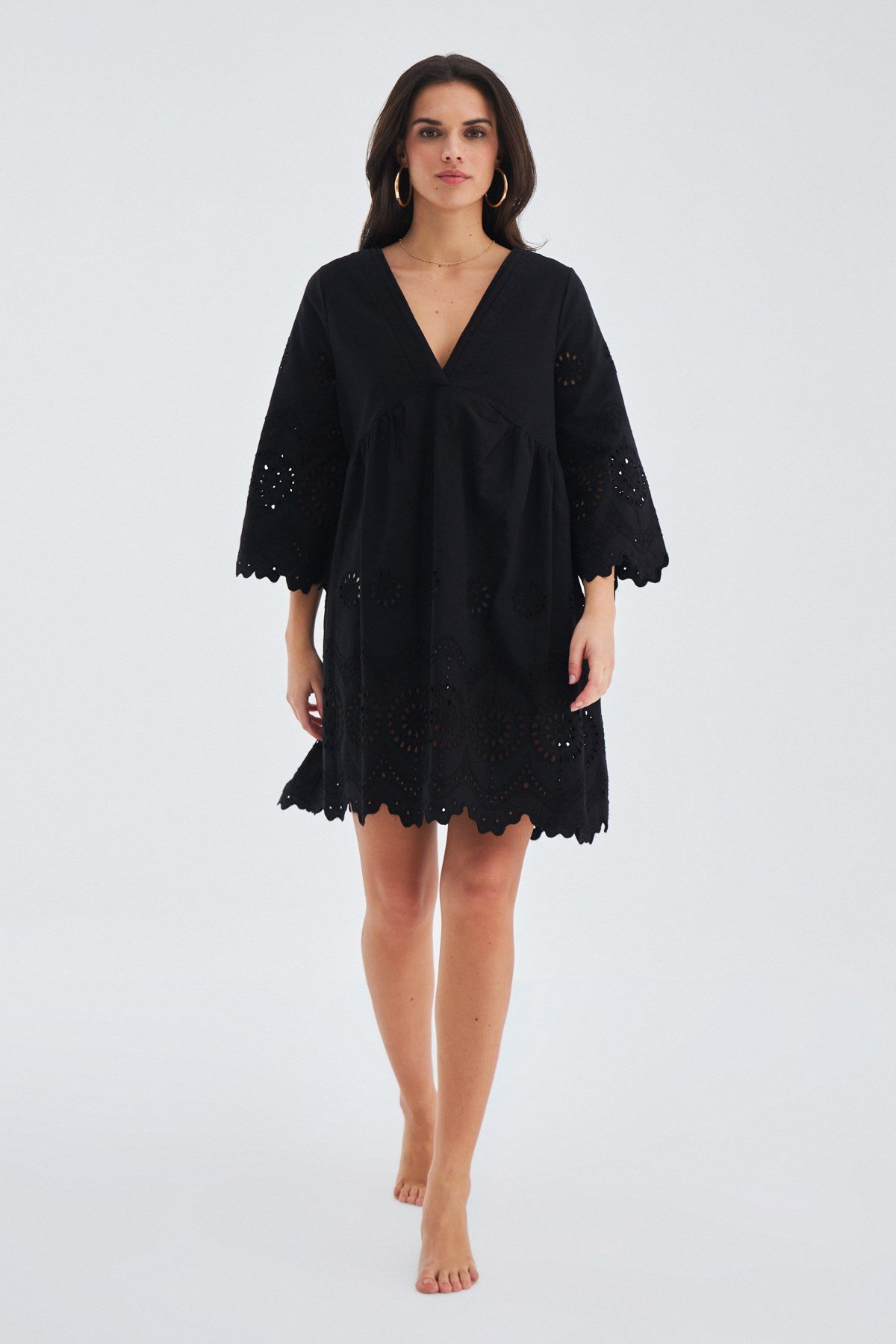 Peraluna HIROMI DRESS Festoon Bell Sleeves 100%Cotton Women’s Dress - Black