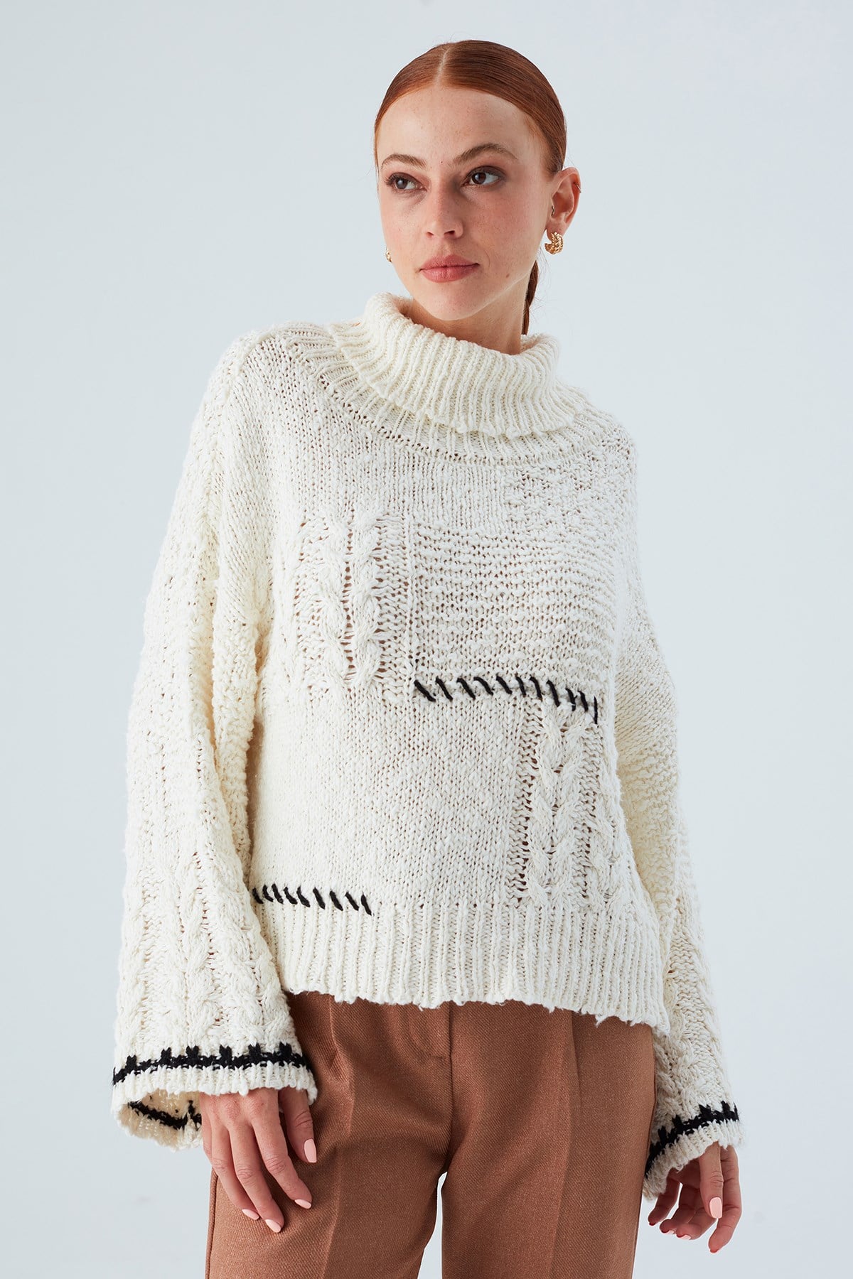 Peraluna ILDA PULLOVER Saç Örgülü Bol Kesim Kadın Triko Kazak Ekru
