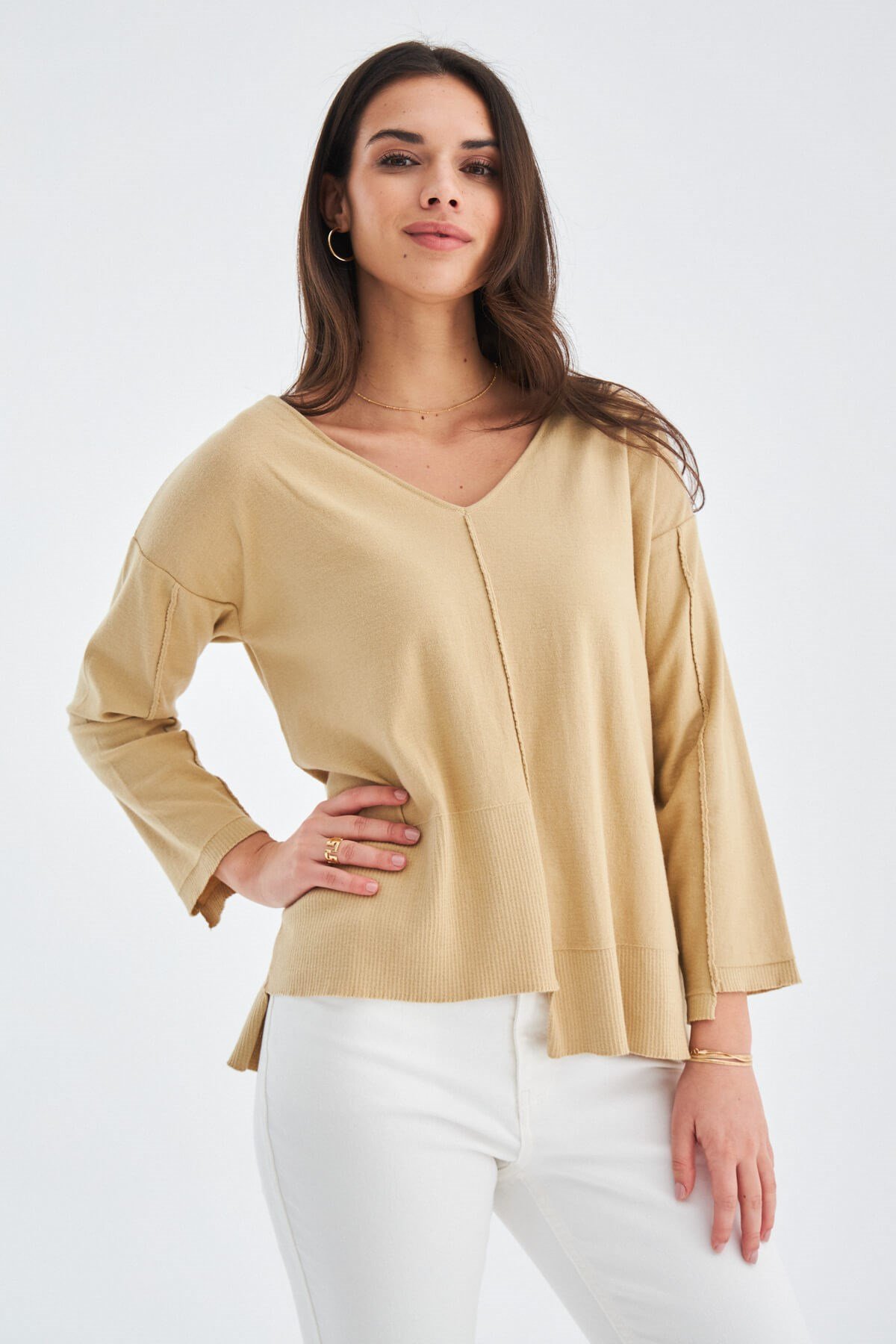 Peraluna İnce V Yaka Kadın Triko Tunik Bej