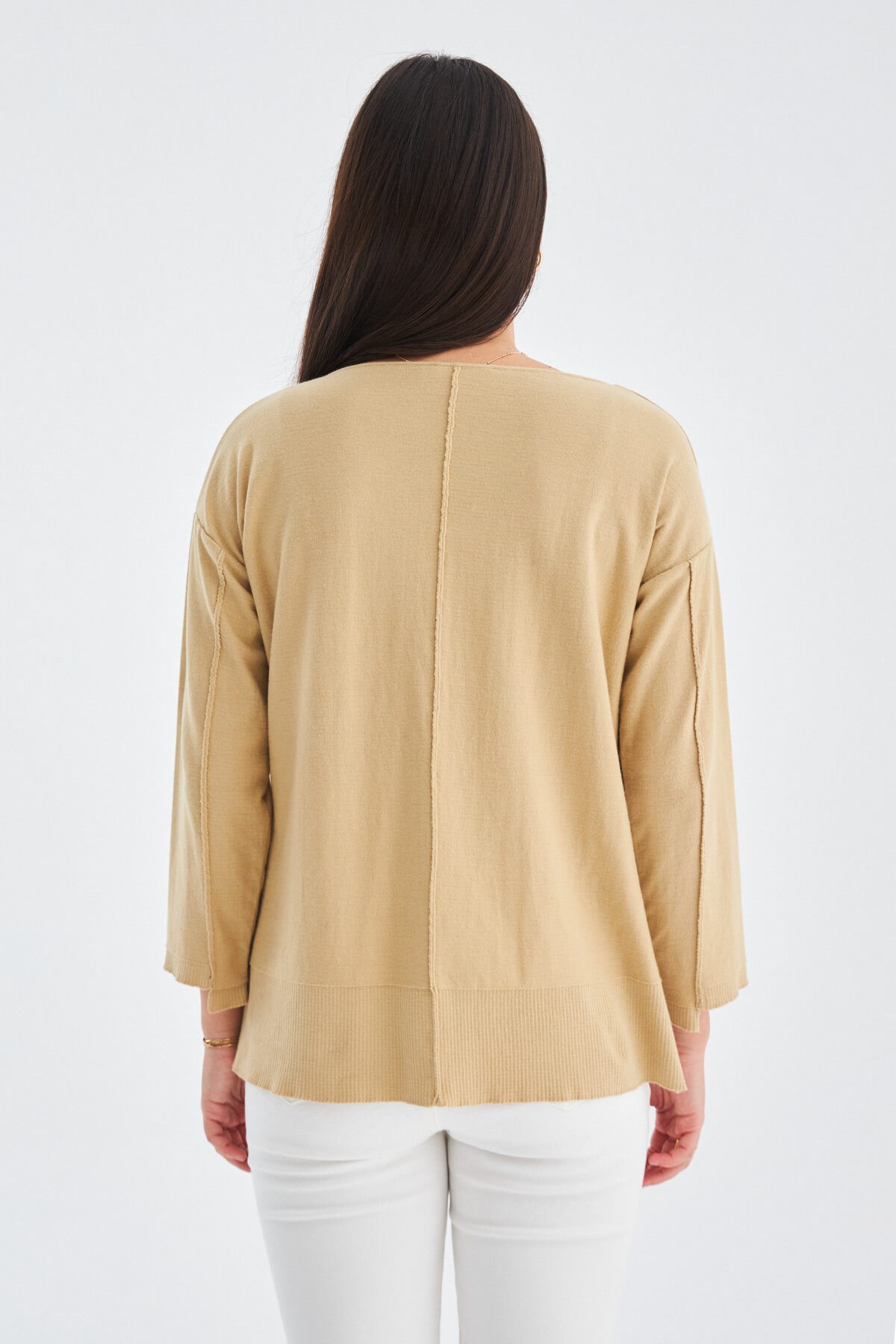 Peraluna İnce V Yaka Kadın Triko Tunik Bej