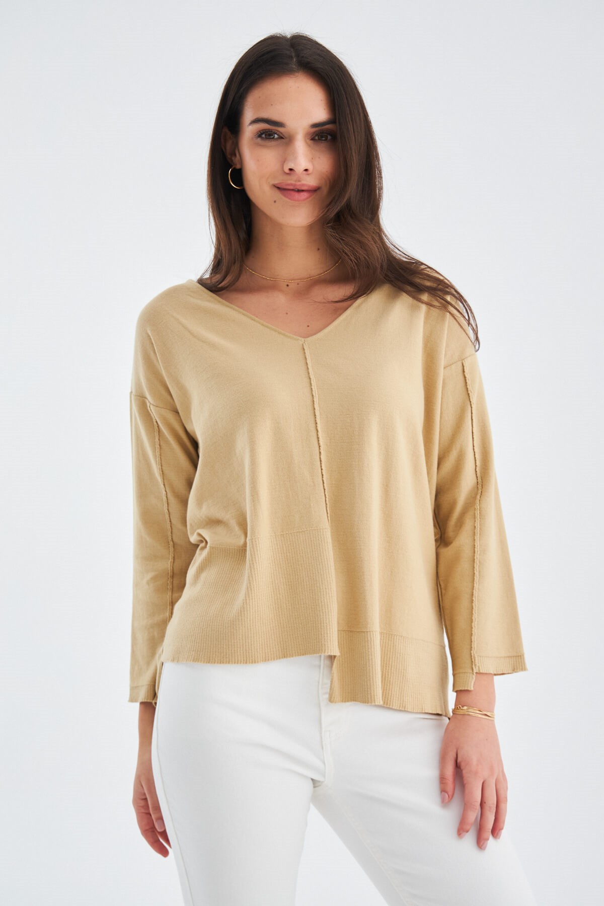 Peraluna İnce V Yaka Kadın Triko Tunik Bej