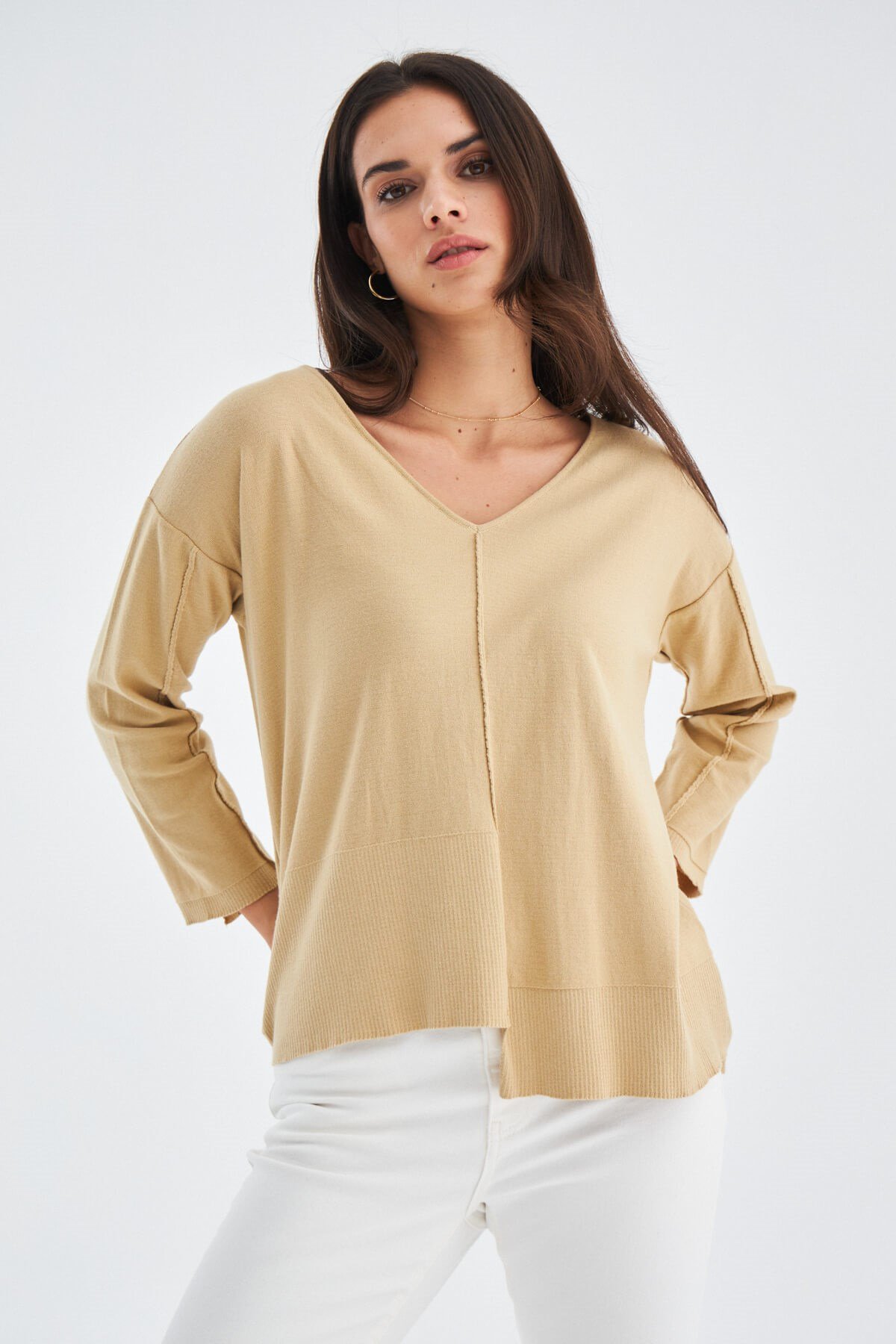 Peraluna İnce V Yaka Kadın Triko Tunik Bej