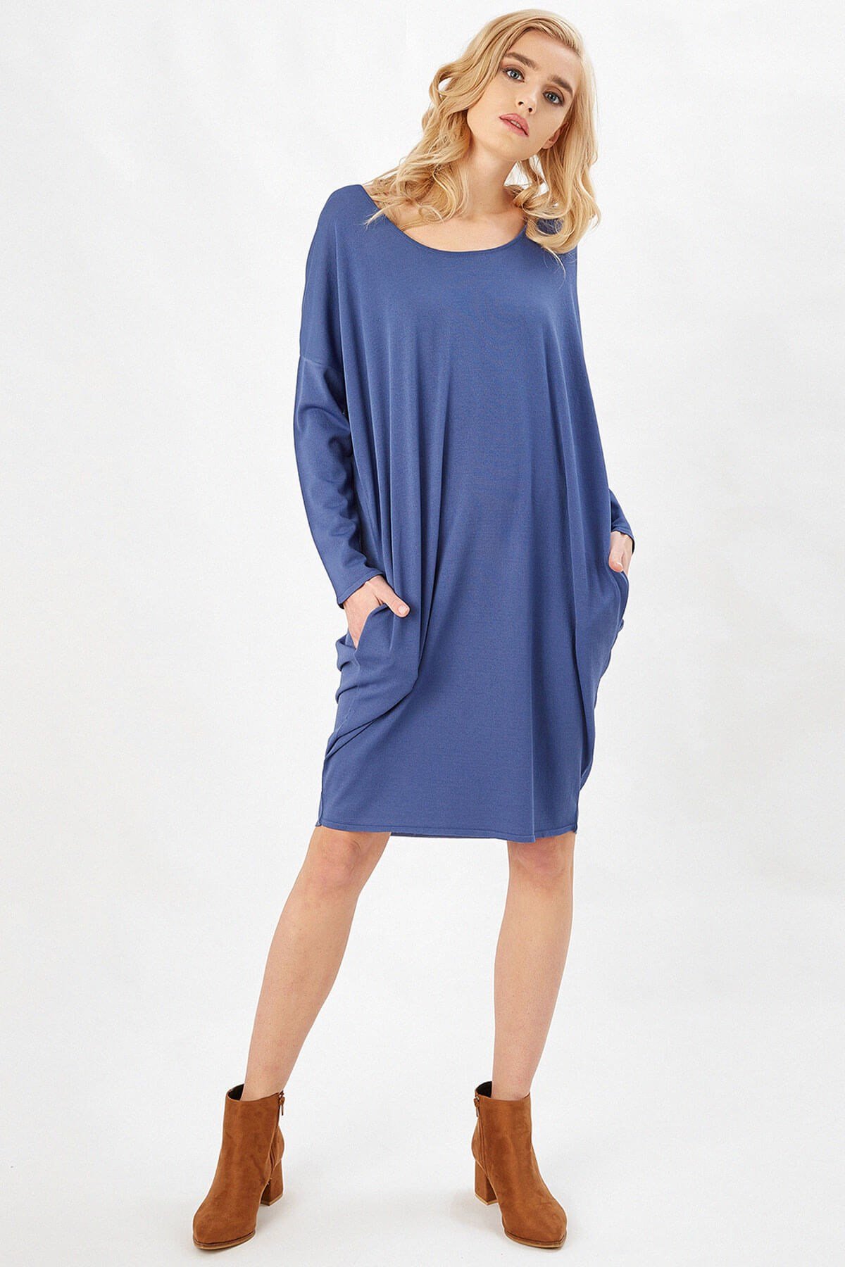 Peraluna Indigo Renk 3/4 Kol Balon Kadın Triko Elbise