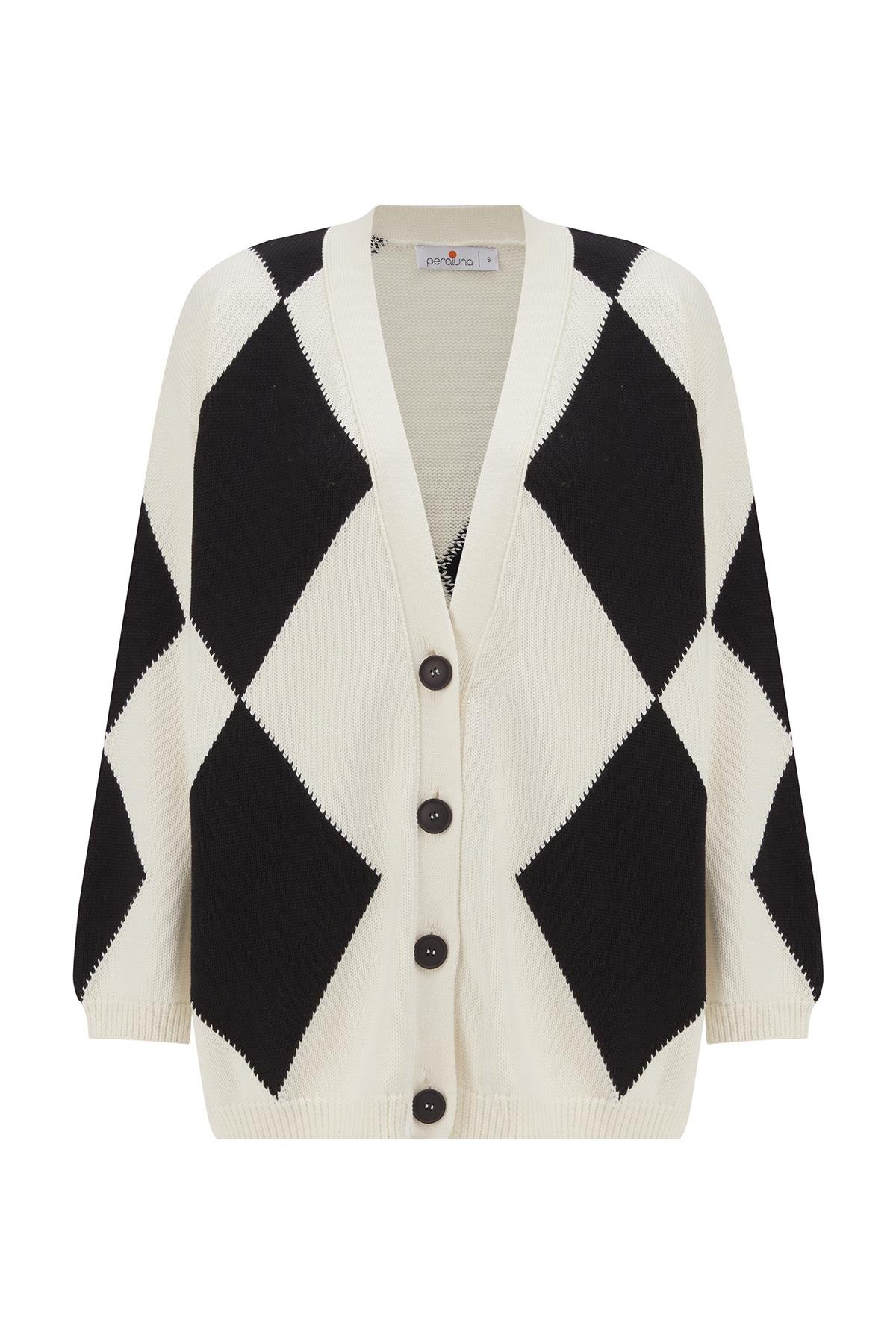 Peraluna IRENE CARDİGAN Büyük Baklava Desenli Bol Kesim Mevsimlik Kadın Triko Hırka - Ekru/Siyah