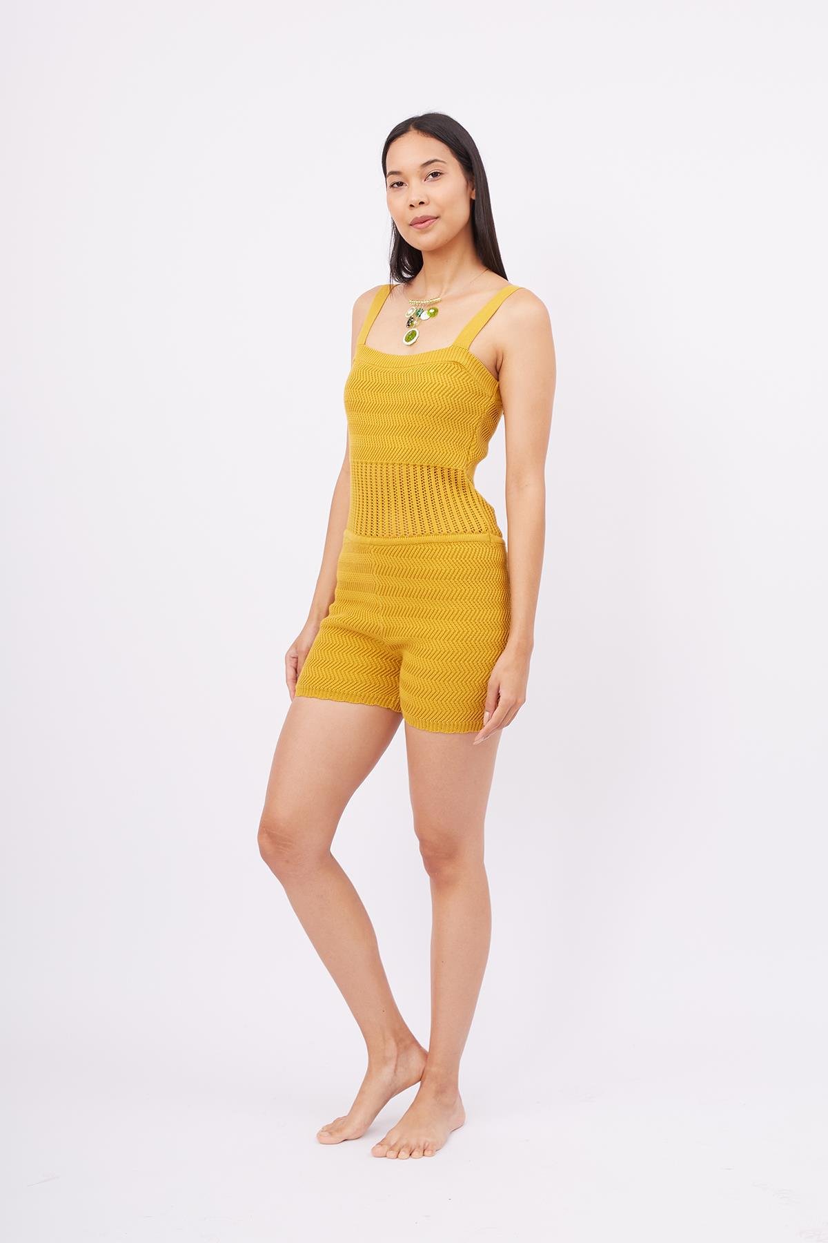 Peraluna IRIS BODY Balık Sırtı Örgü Bel Kısmı Ajur Örgü Retro Kadın Triko Body - Hardal