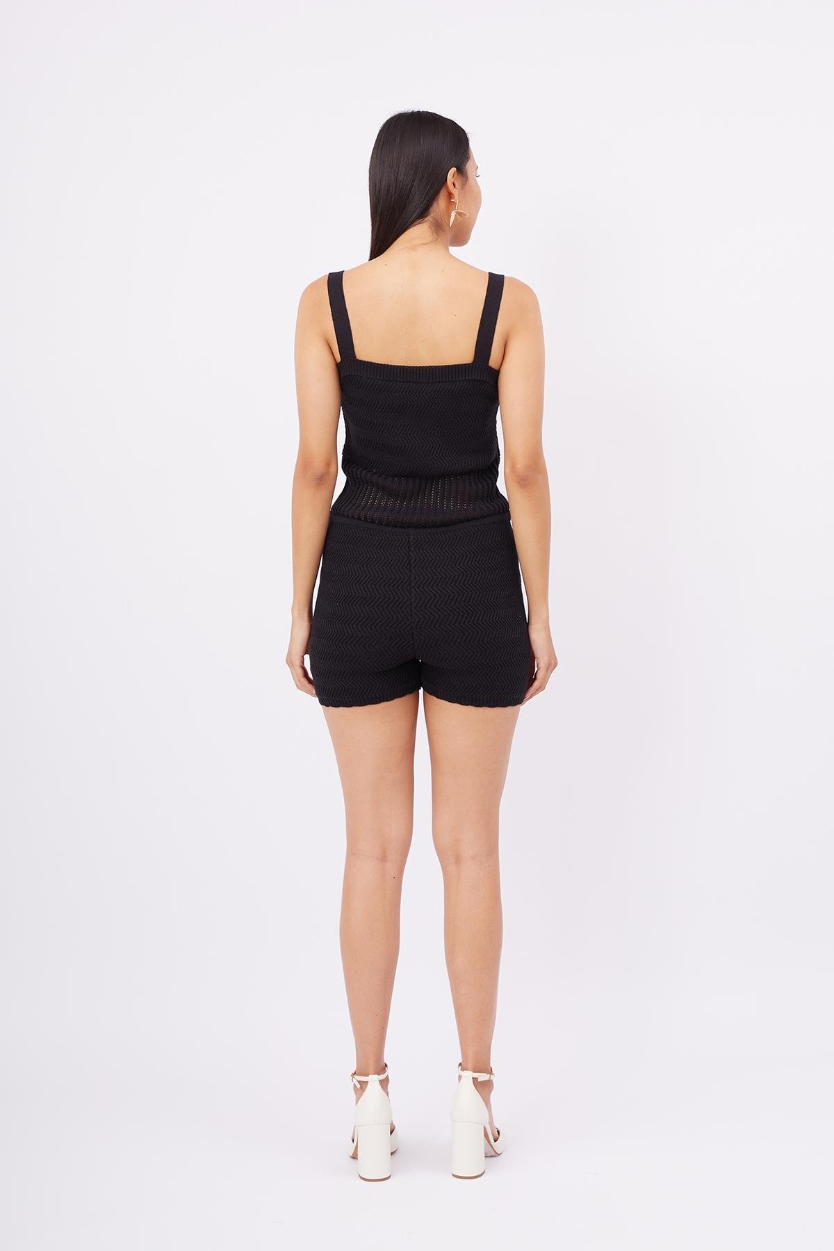 Peraluna IRIS BODY Balık Sırtı Örgü Bel Kısmı Ajur Örgü Retro Kadın Triko Body - Siyah