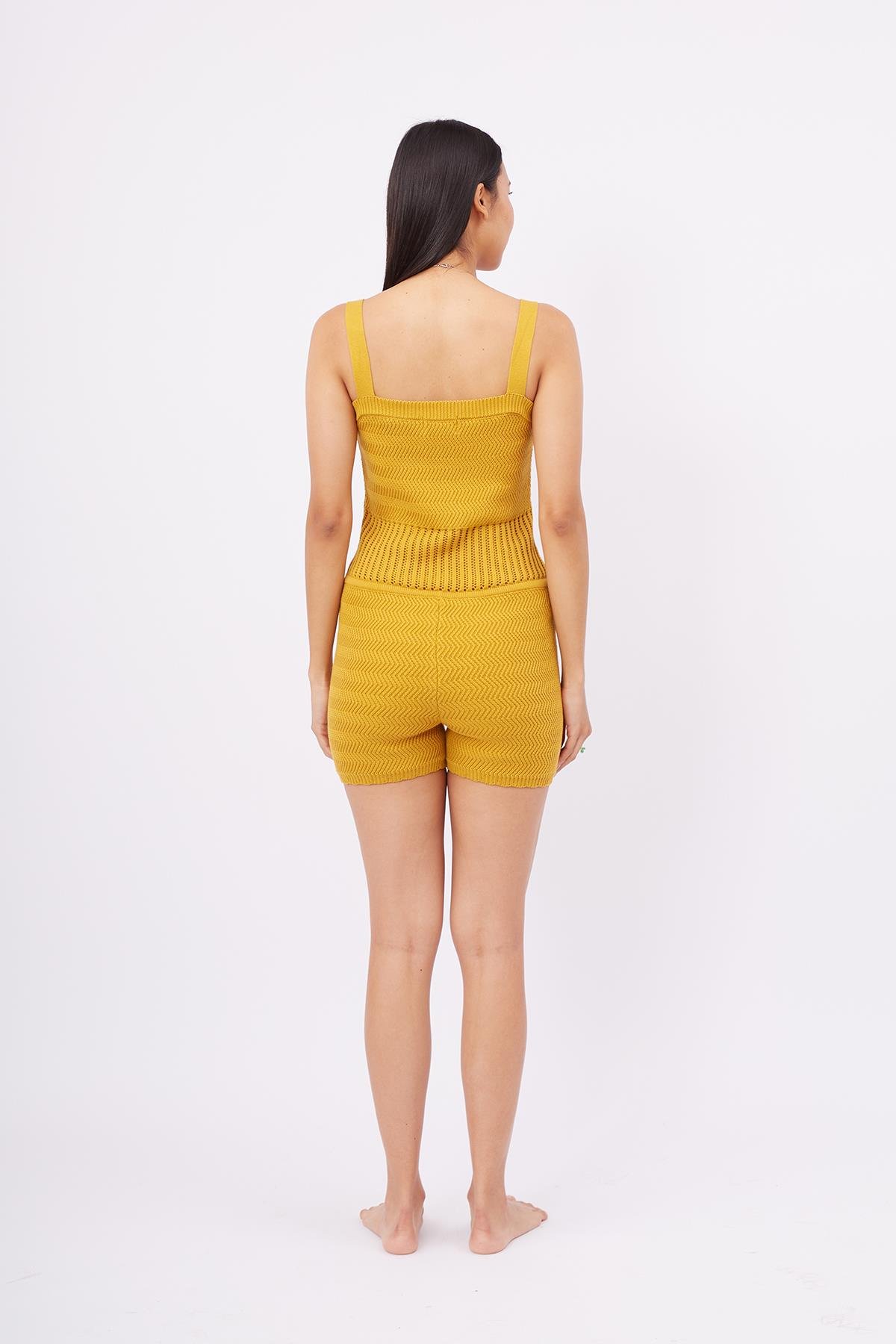 Peraluna IRIS BODY Balık Sırtı Örgü Bel Kısmı Ajur Örgü Retro Kadın Triko Body - Hardal