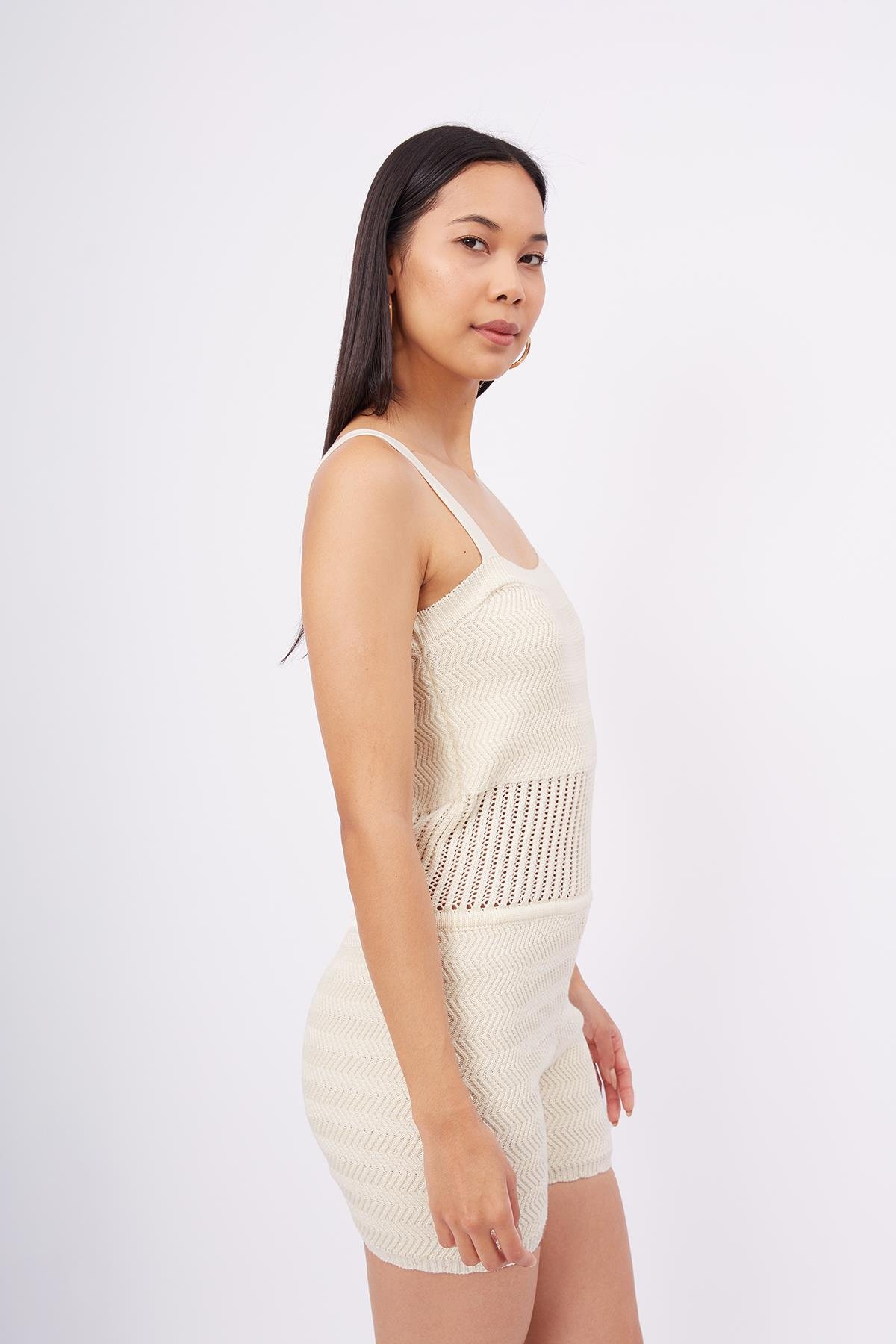 Peraluna IRIS BODY Balık Sırtı Örgü Bel Kısmı Ajur Örgü Retro Kadın Triko Body - Ekru