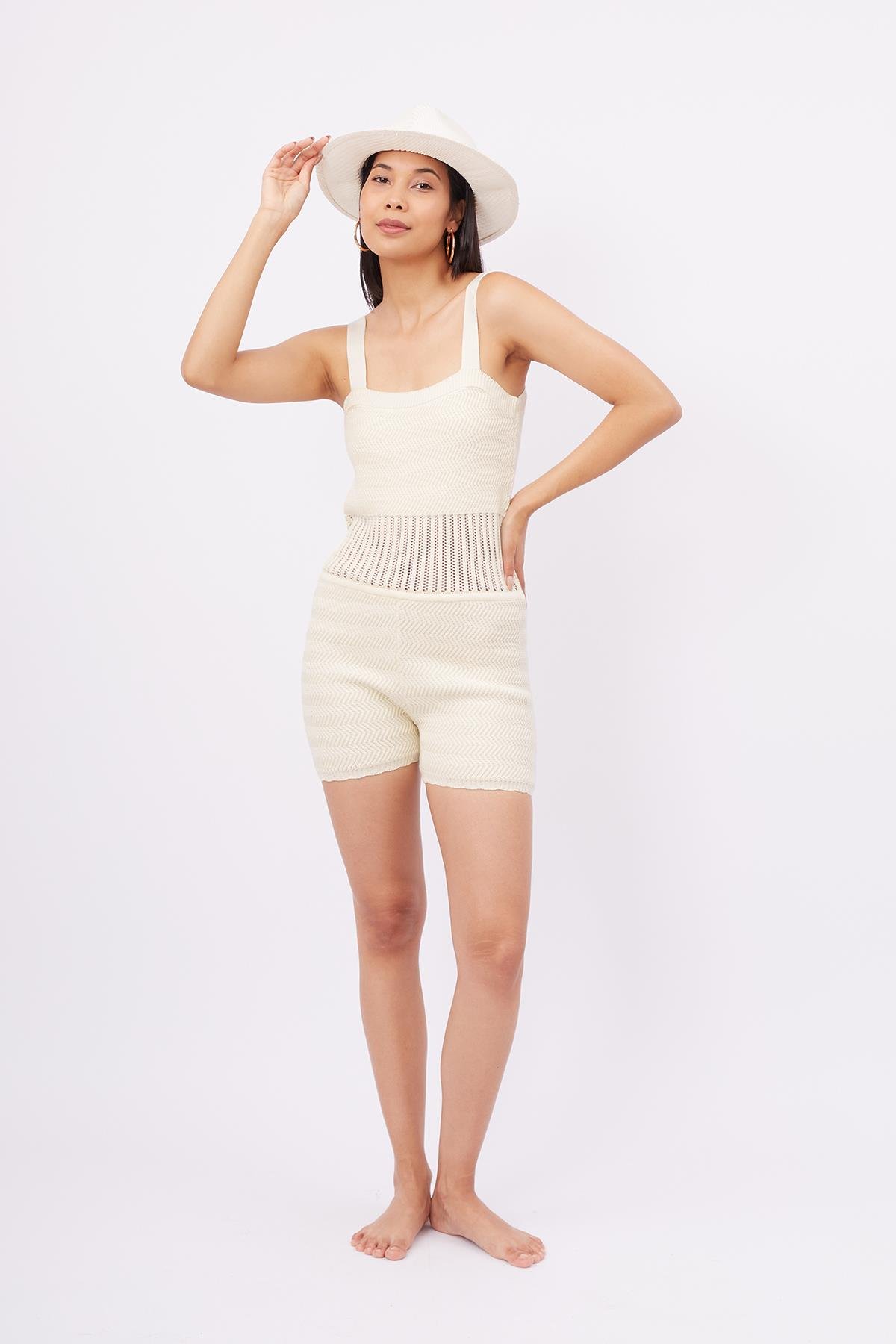 Peraluna IRIS BODY Balık Sırtı Örgü Bel Kısmı Ajur Örgü Retro Kadın Triko Body - Ekru