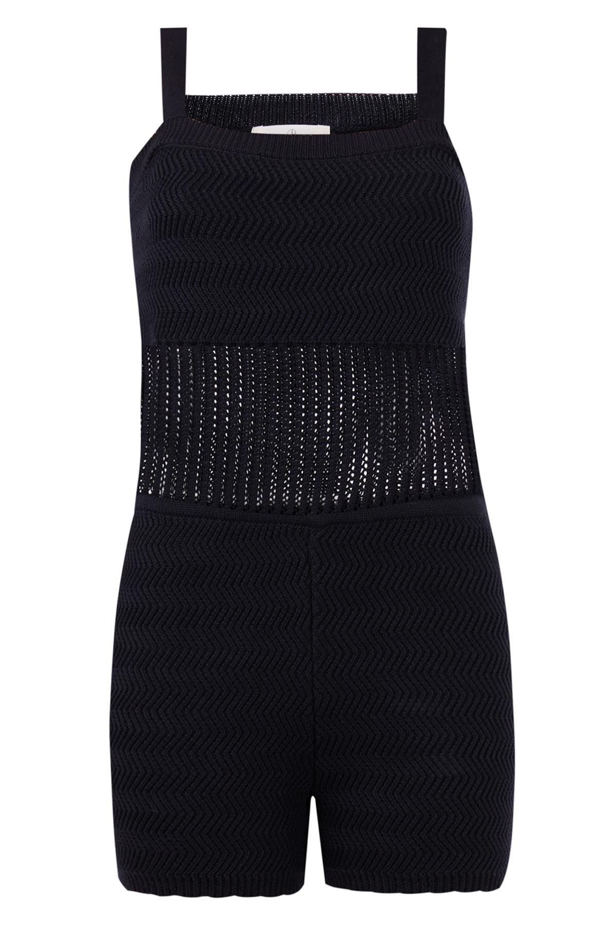 Peraluna IRIS BODY Balık Sırtı Örgü Bel Kısmı Ajur Örgü Retro Kadın Triko Body - Siyah