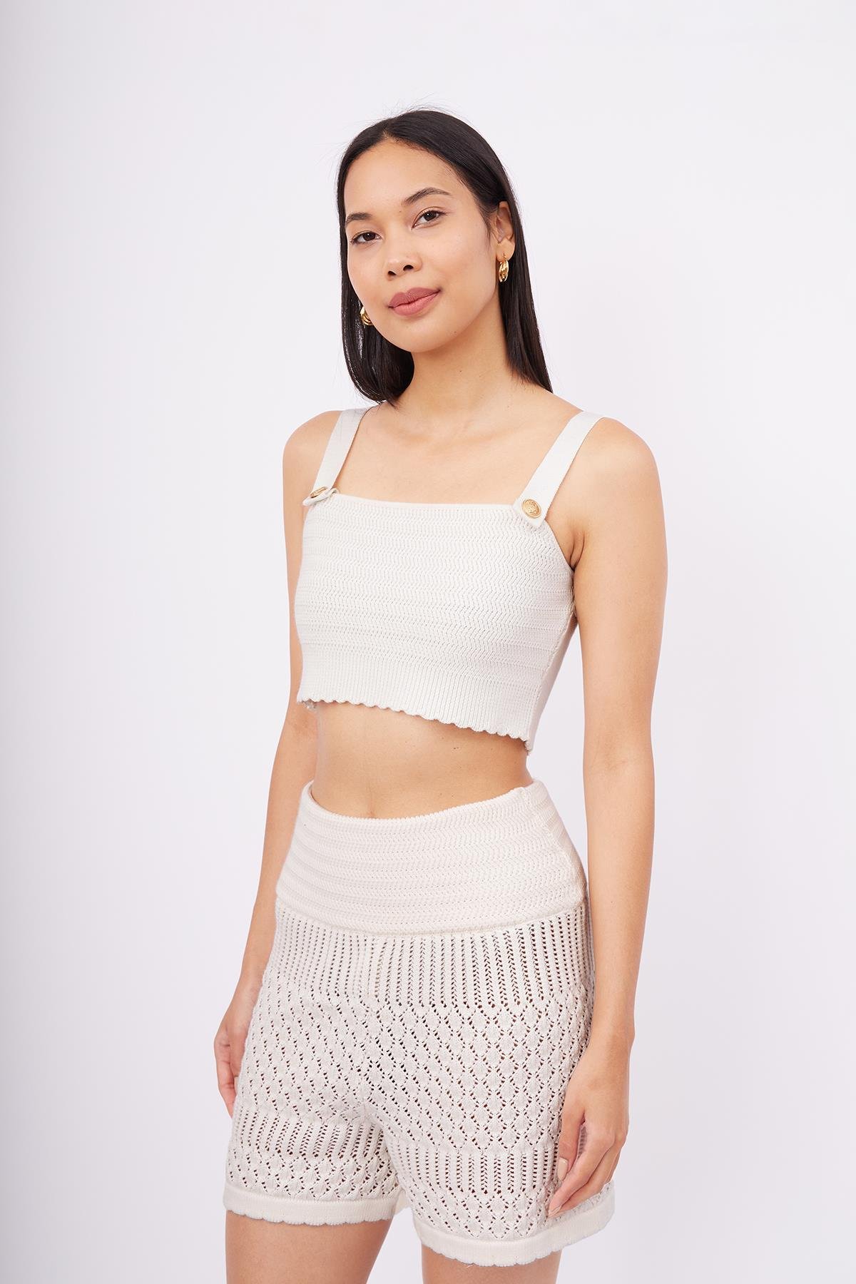 Peraluna IRIS BRALETTE Balık Sırtı Örgü Altın Renk Düğmeli Kadın Triko Bralet - Ekru